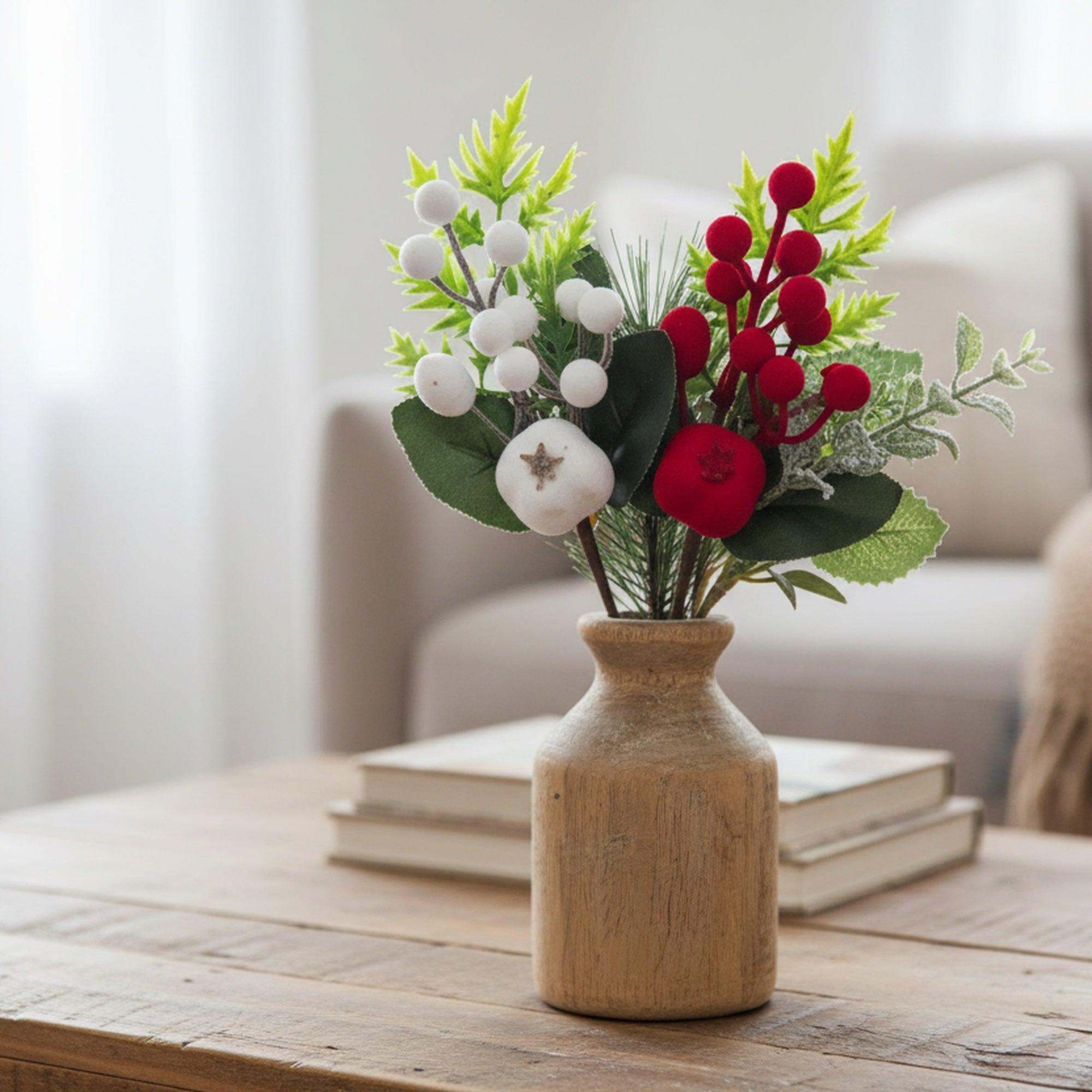 Flocked Berries Pick Assorted, Floral Pick, Holiday Decor- Set of 6