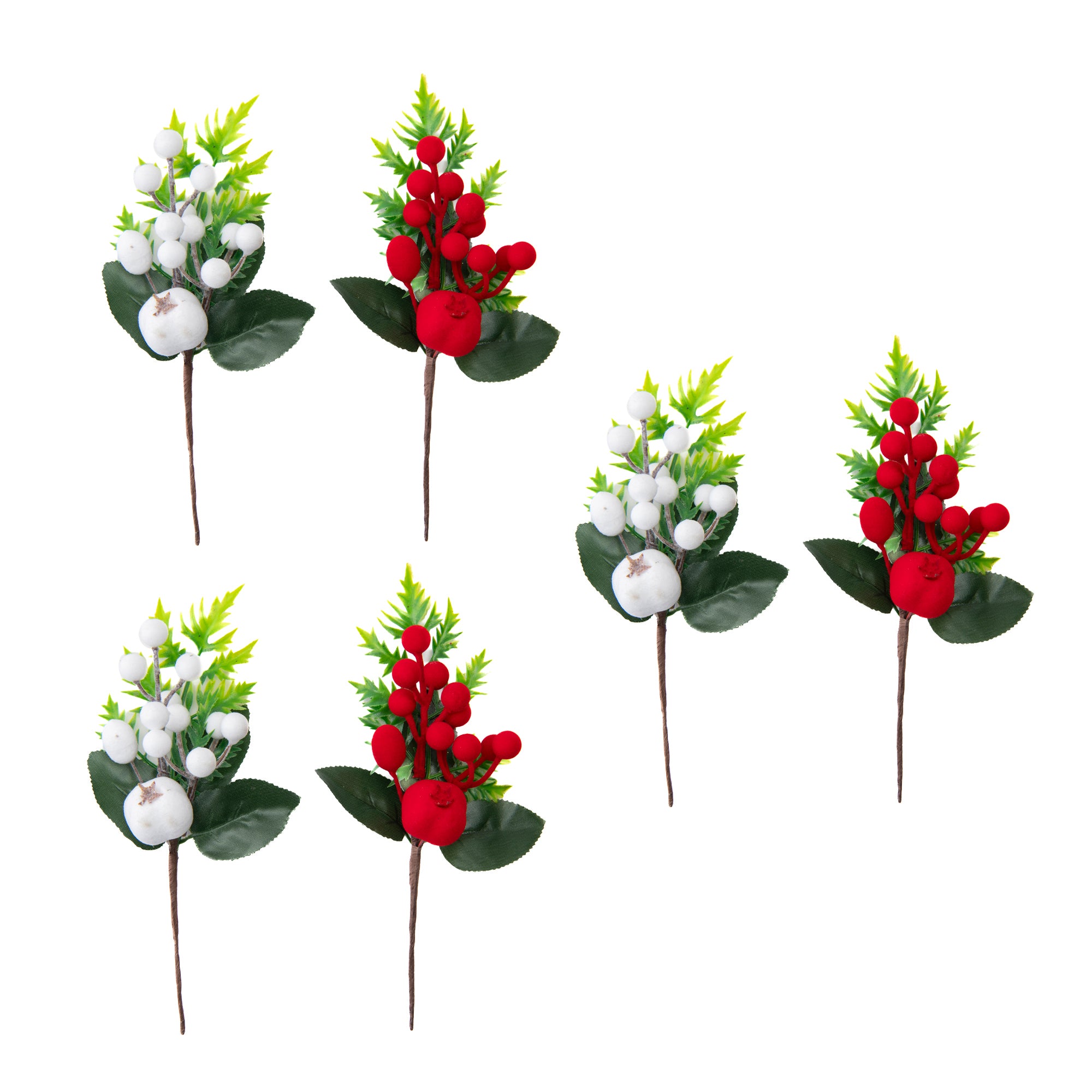 Flocked Berries Pick Assorted, Floral Pick, Holiday Decor- Set of 6