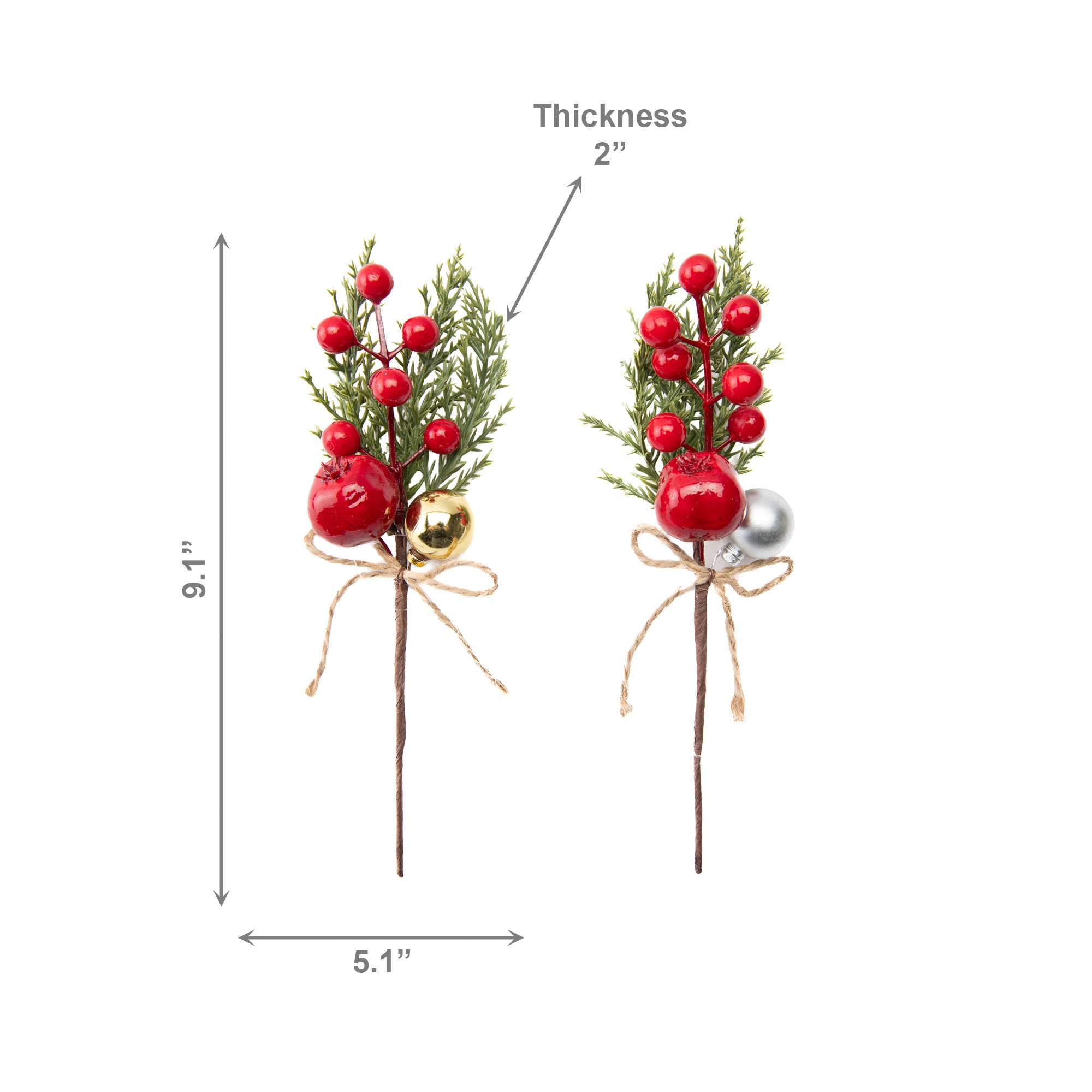 Berries and Ornament Pick Assorted, Ornament, Holiday Decor- Set of 6