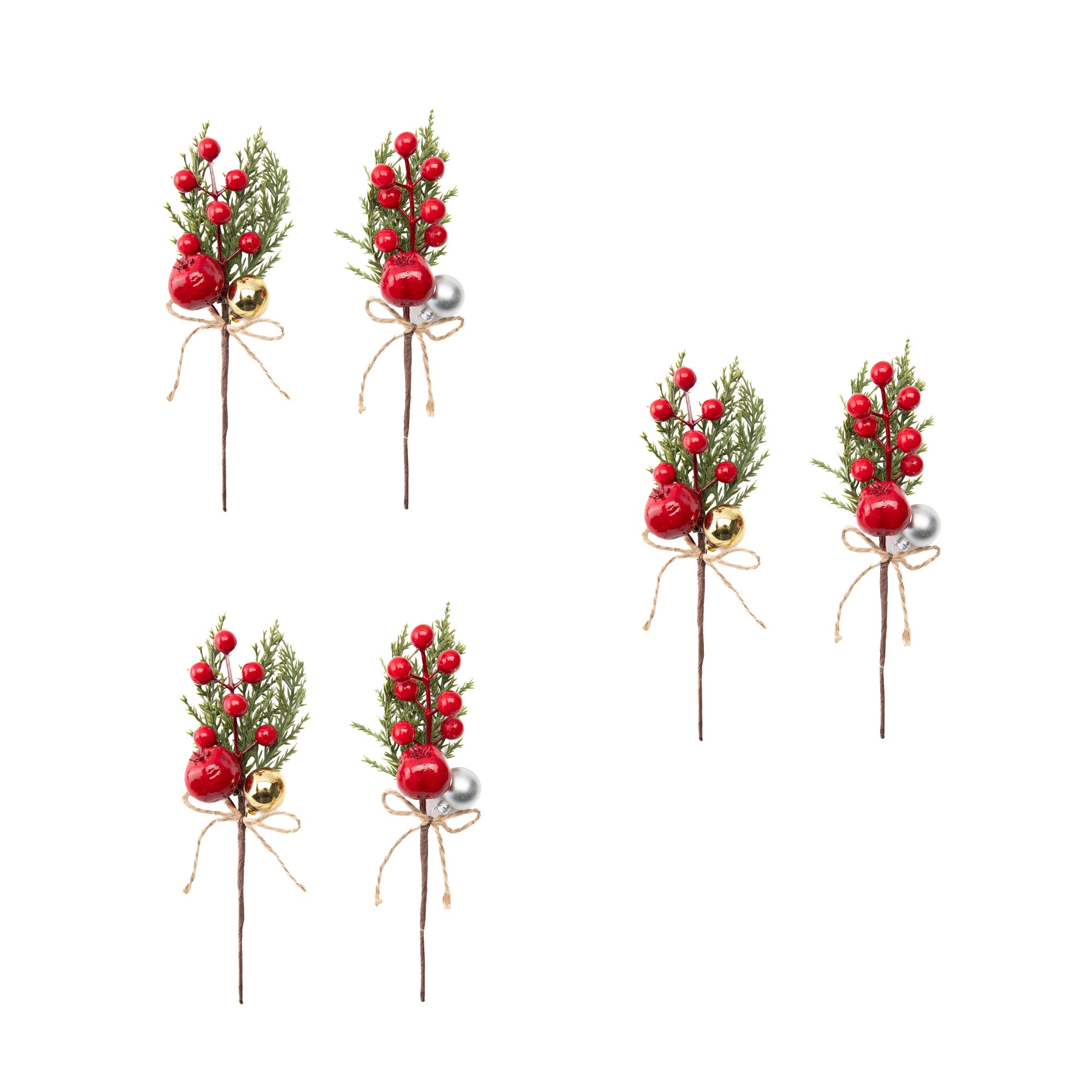Berries and Ornament Pick Assorted, Ornament, Holiday Decor- Set of 6