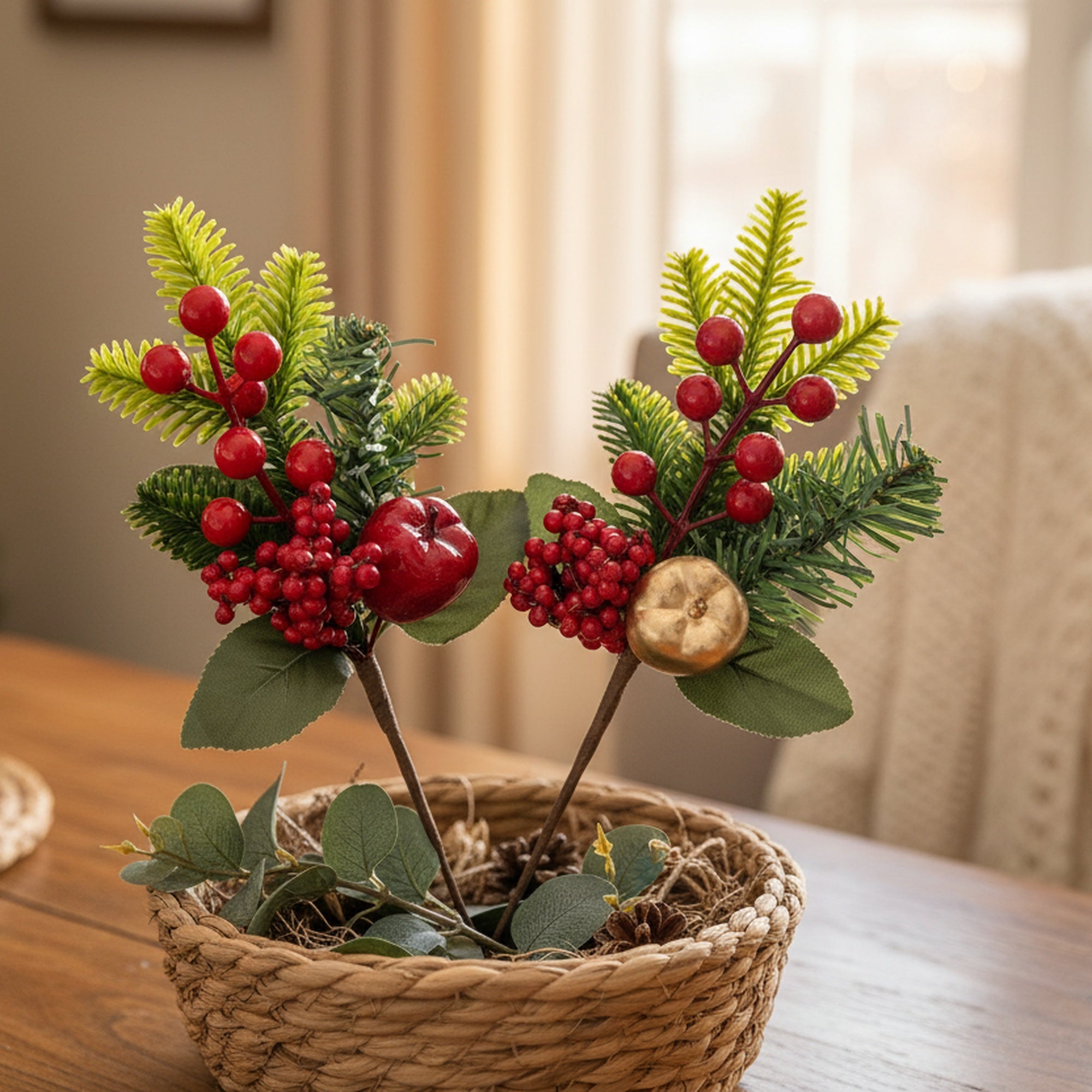 Berries and Apple Pick Assorted, Floral Pick, Holiday Decor- Set of 6