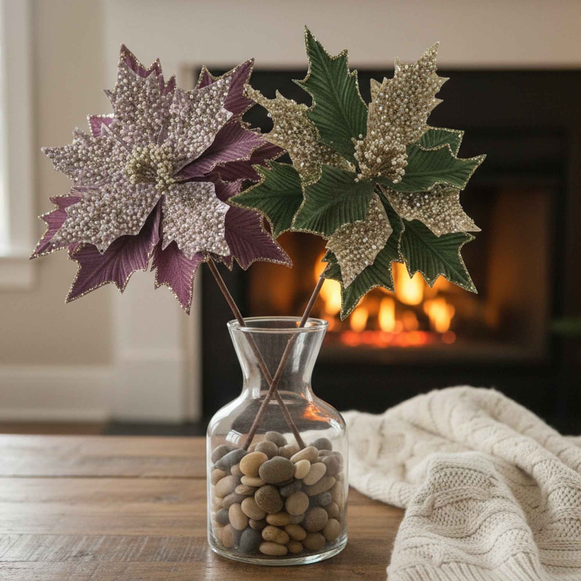 Glitter Beaded Velvet Poinsettia Pick Assorted, Christmas, Floral Pick, Holiday Decor- Set of 6