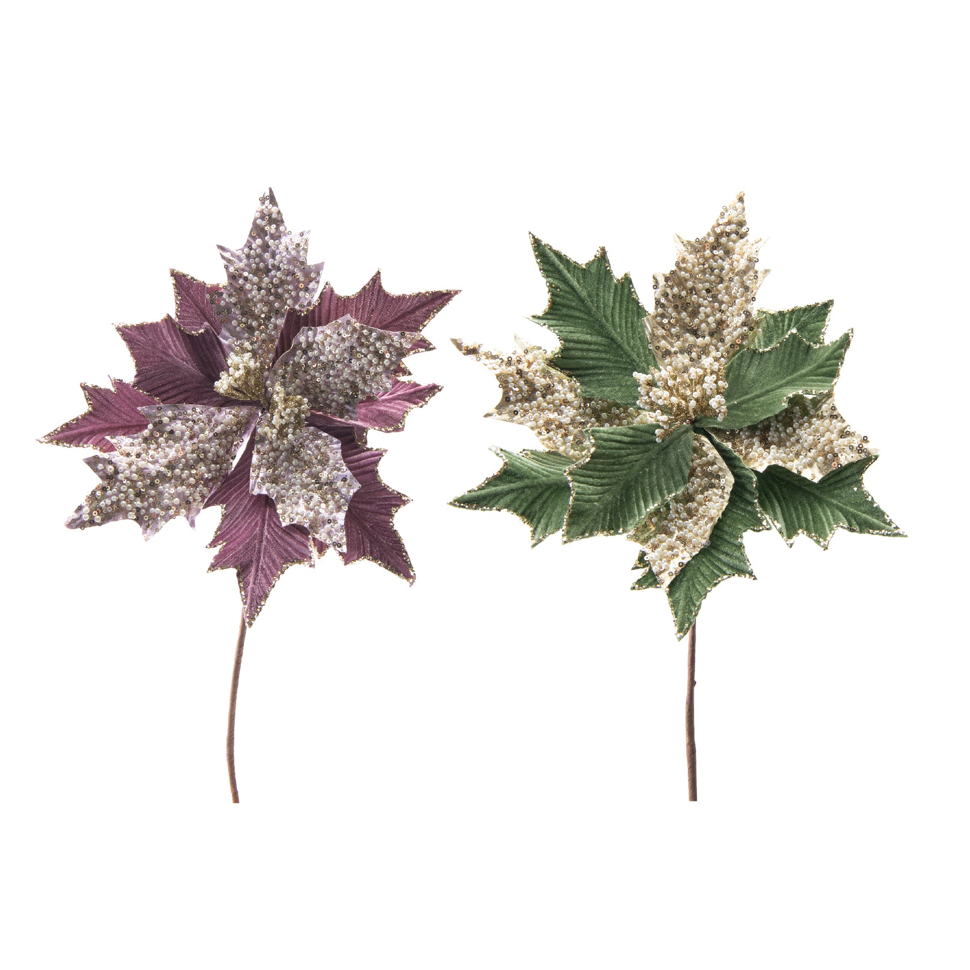 Glitter Beaded Velvet Poinsettia Pick Assorted, Christmas, Floral Pick, Holiday Decor- Set of 6
