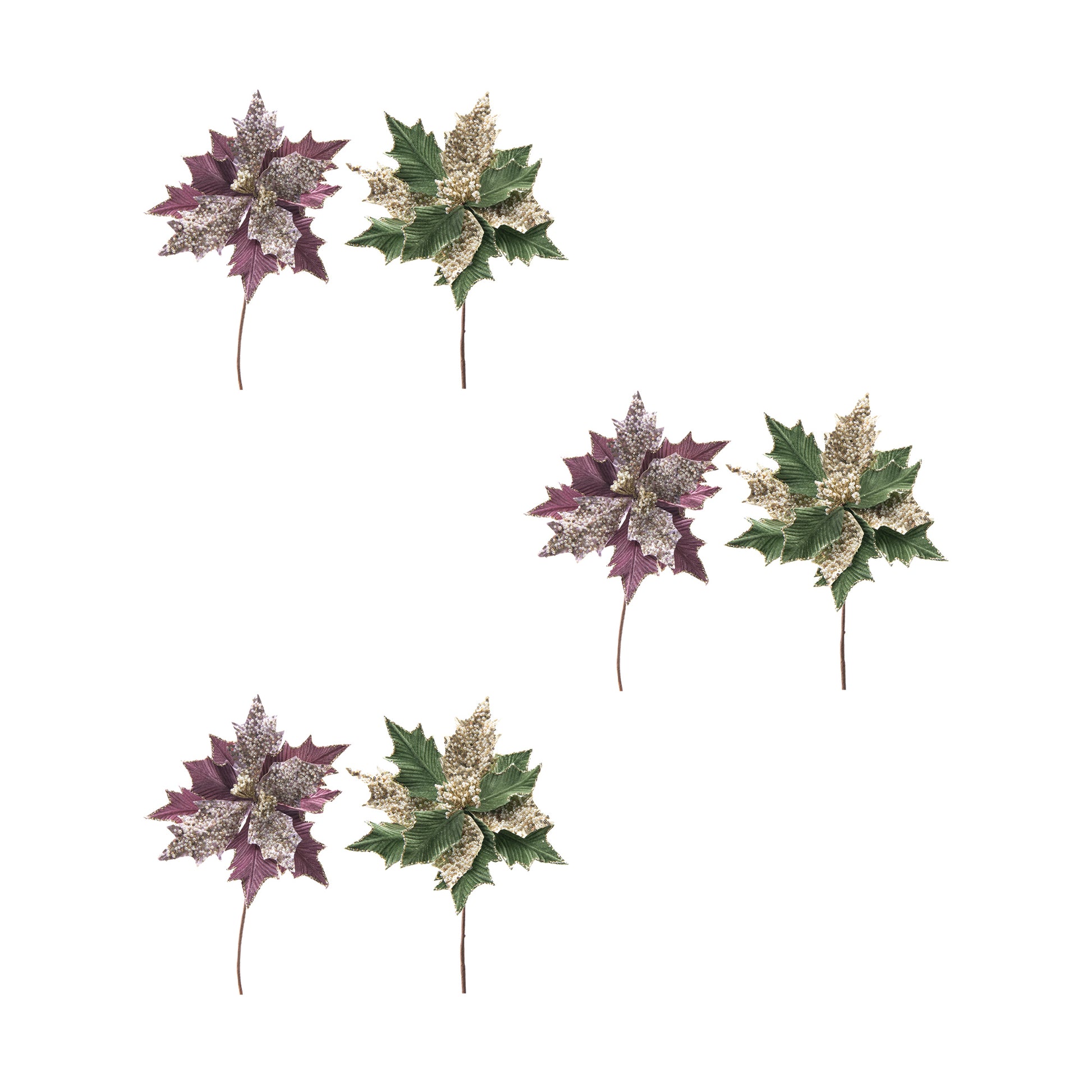 Glitter Beaded Velvet Poinsettia Pick Assorted, Christmas, Floral Pick, Holiday Decor- Set of 6
