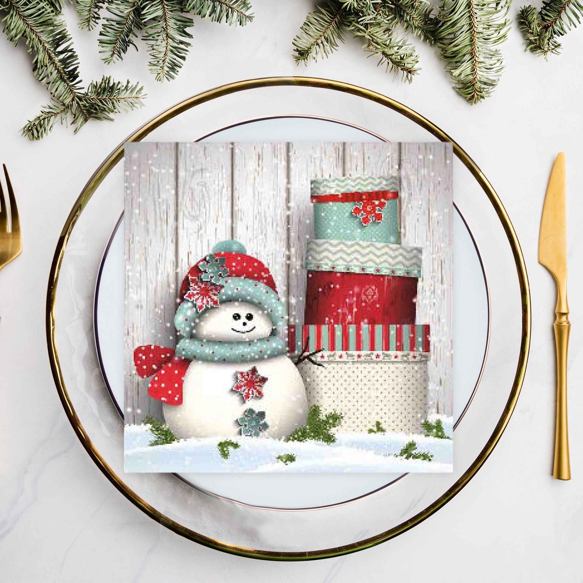 20 Pack Luncheon 3-Ply Napkin Snowman With Gifts Set of 6 – Christmas Table Decor, Holiday Dining Accent, Festive Napkins