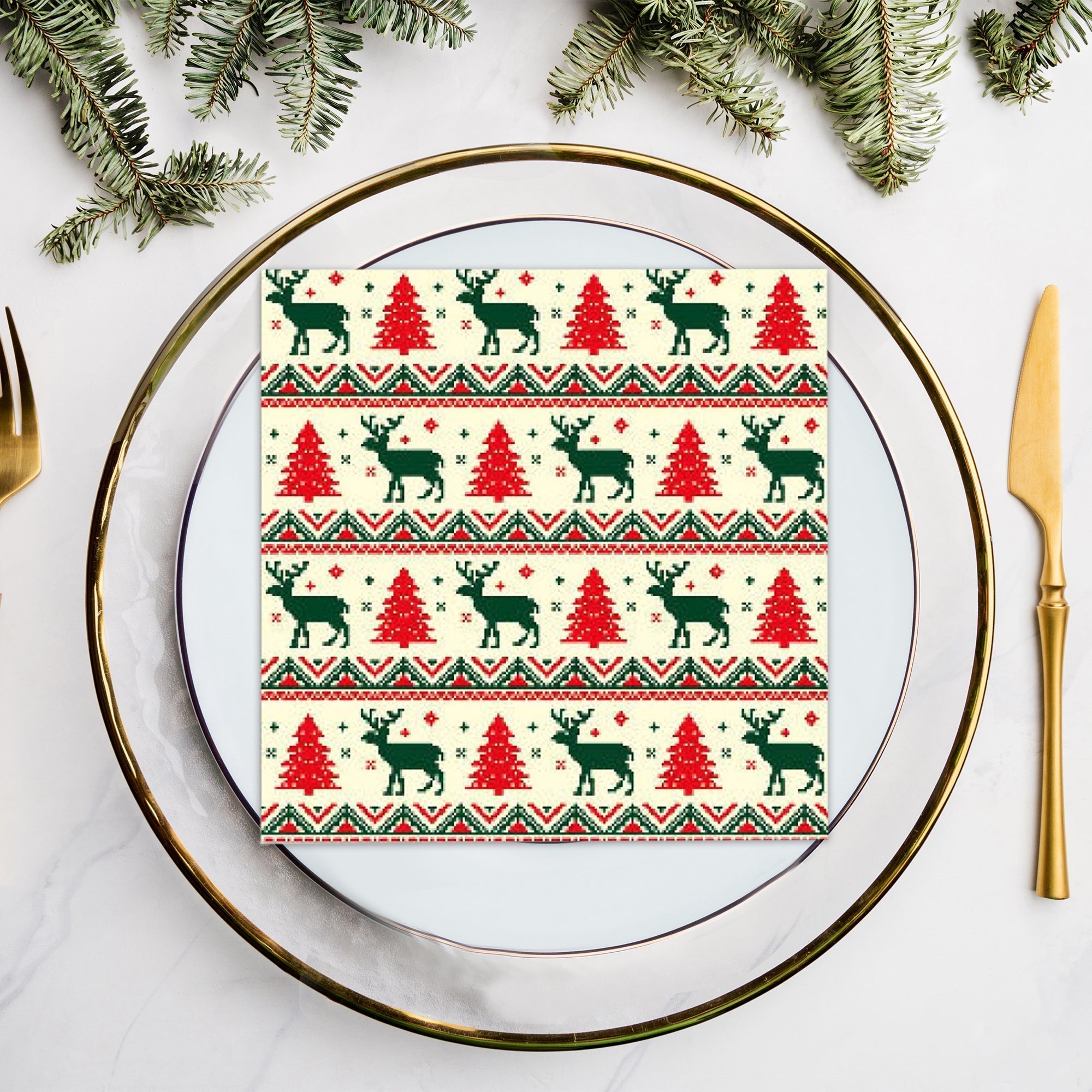 20 Pack Luncheon 3-Ply Napkin Tree With Reindeer Pattern Set of 6 – Christmas Table Decor, Holiday Dining Accent, Festive Napkins
