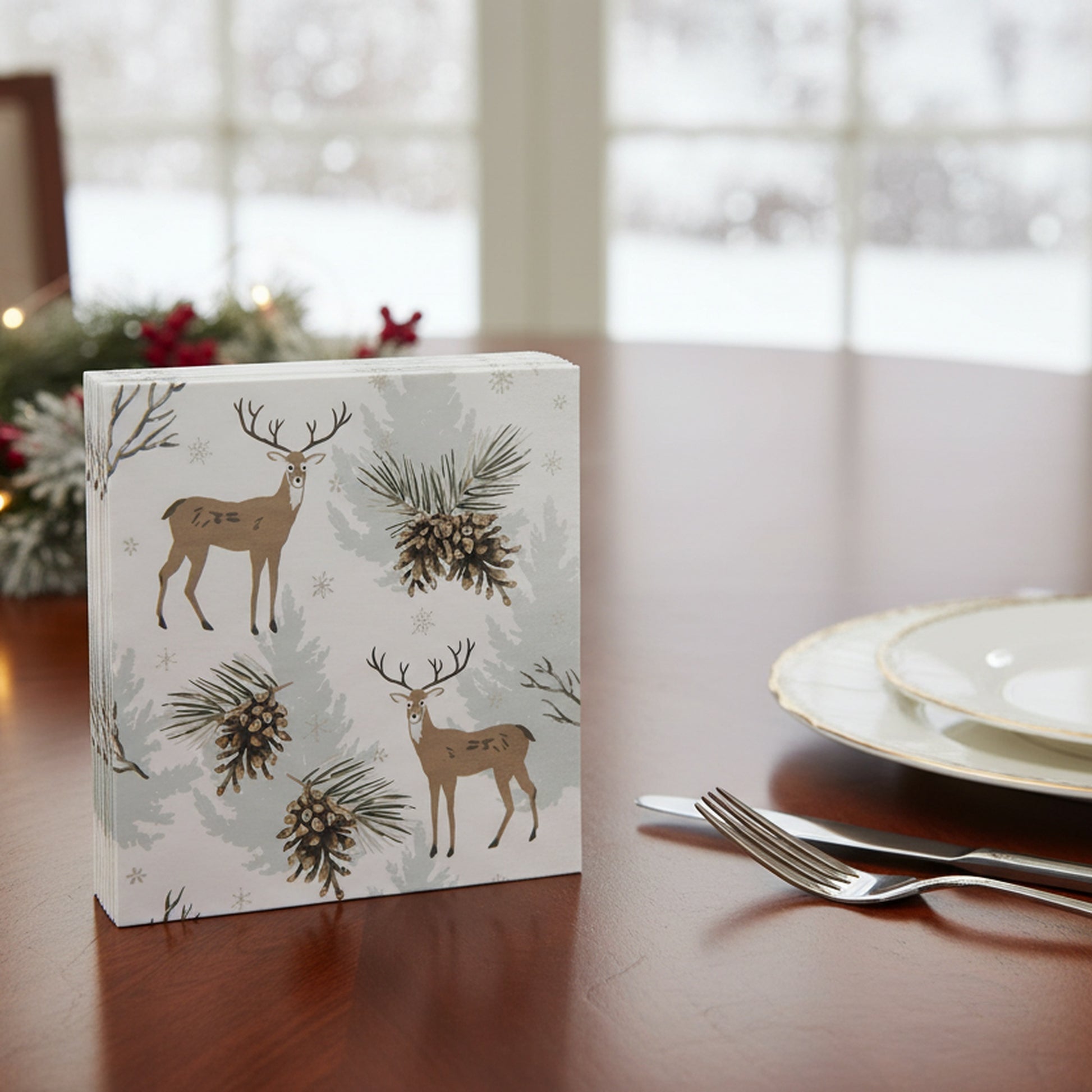 20 Pack Luncheon 3 Ply Napkin Reindeer & Pinecone, Christmas, Paper Napkins, Holiday Decor- Set of 6
