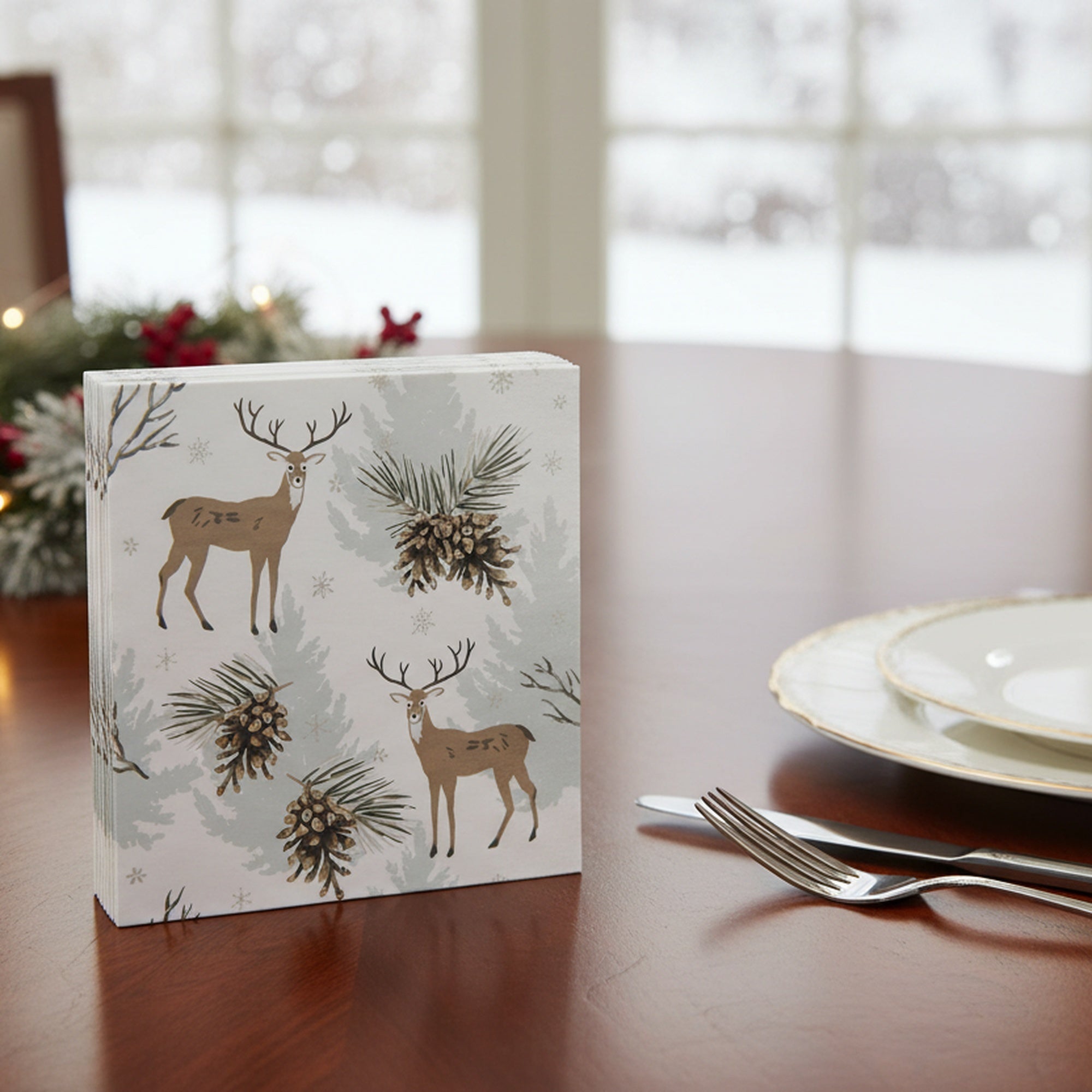 20 Pack Luncheon 3 Ply Napkin Reindeer & Pinecone, Christmas, Paper Napkins, Holiday Decor- Set of 6