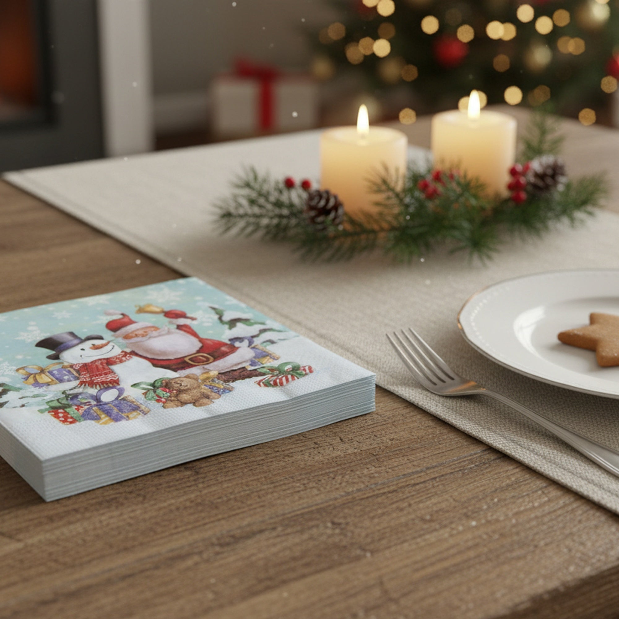 20 Pack Luncheon 3 Ply Napkin Snowman Santa, Christmas, Paper Napkins, Holiday Decor- Set of 6