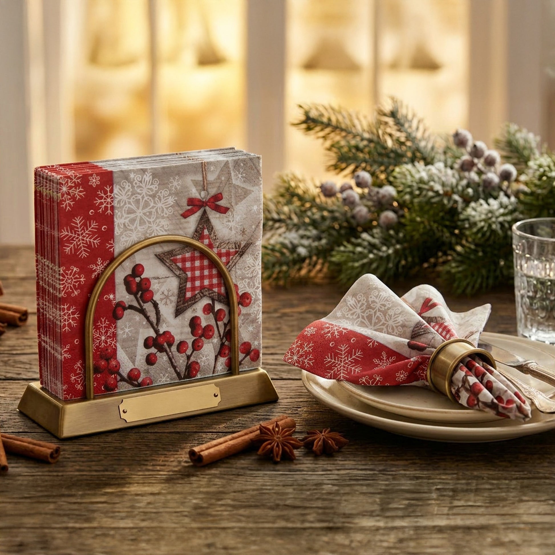 20 Pack Luncheon 3 Ply Napkin Star and Berries, Paper Napkins, Holiday Decor- Set of 6