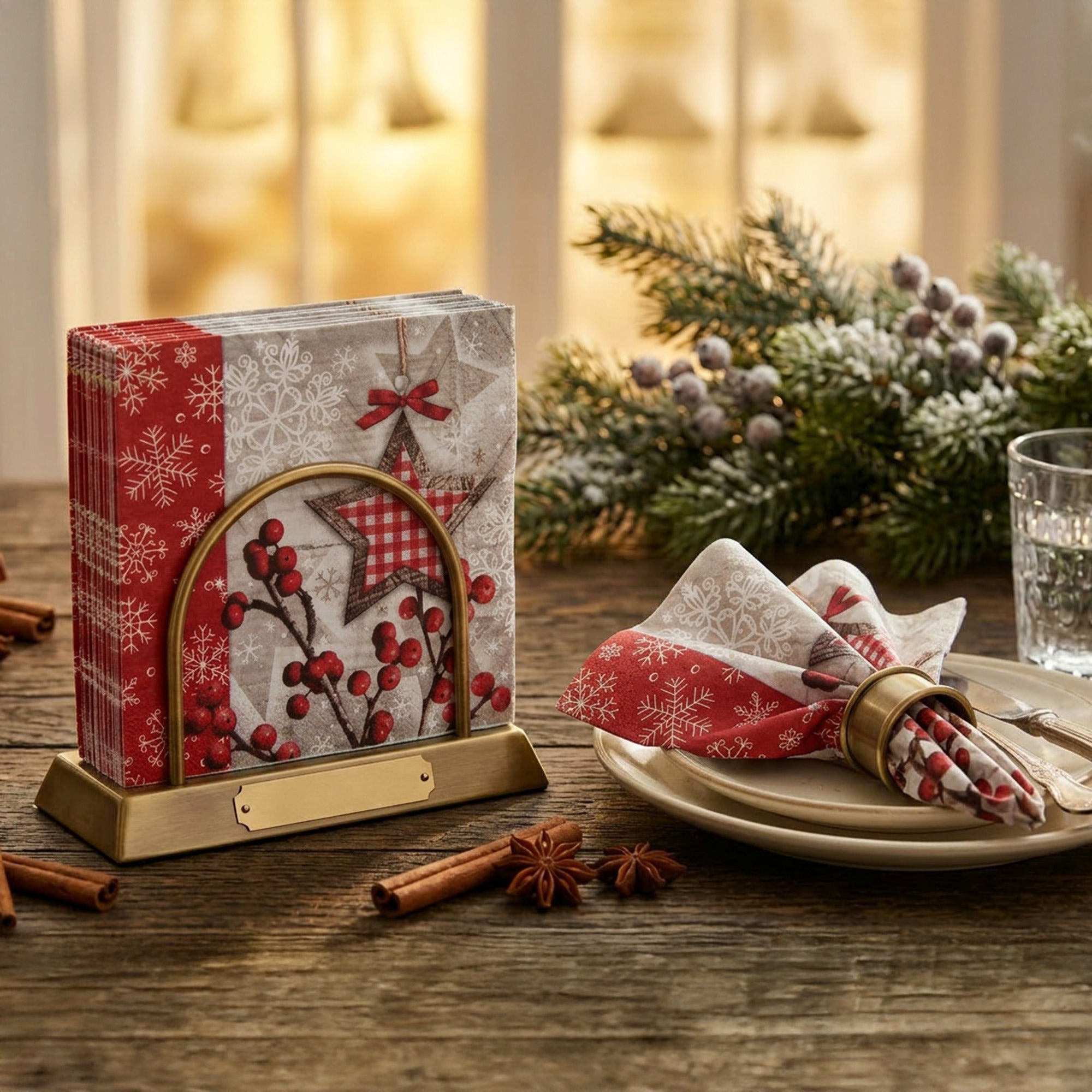 20 Pack Luncheon 3 Ply Napkin Star and Berries, Paper Napkins, Holiday Decor- Set of 6