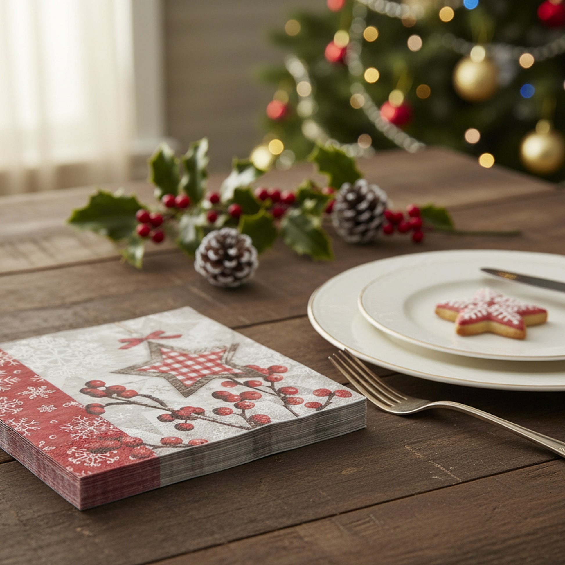 20 Pack Luncheon 3 Ply Napkin Star and Berries, Paper Napkins, Holiday Decor- Set of 6