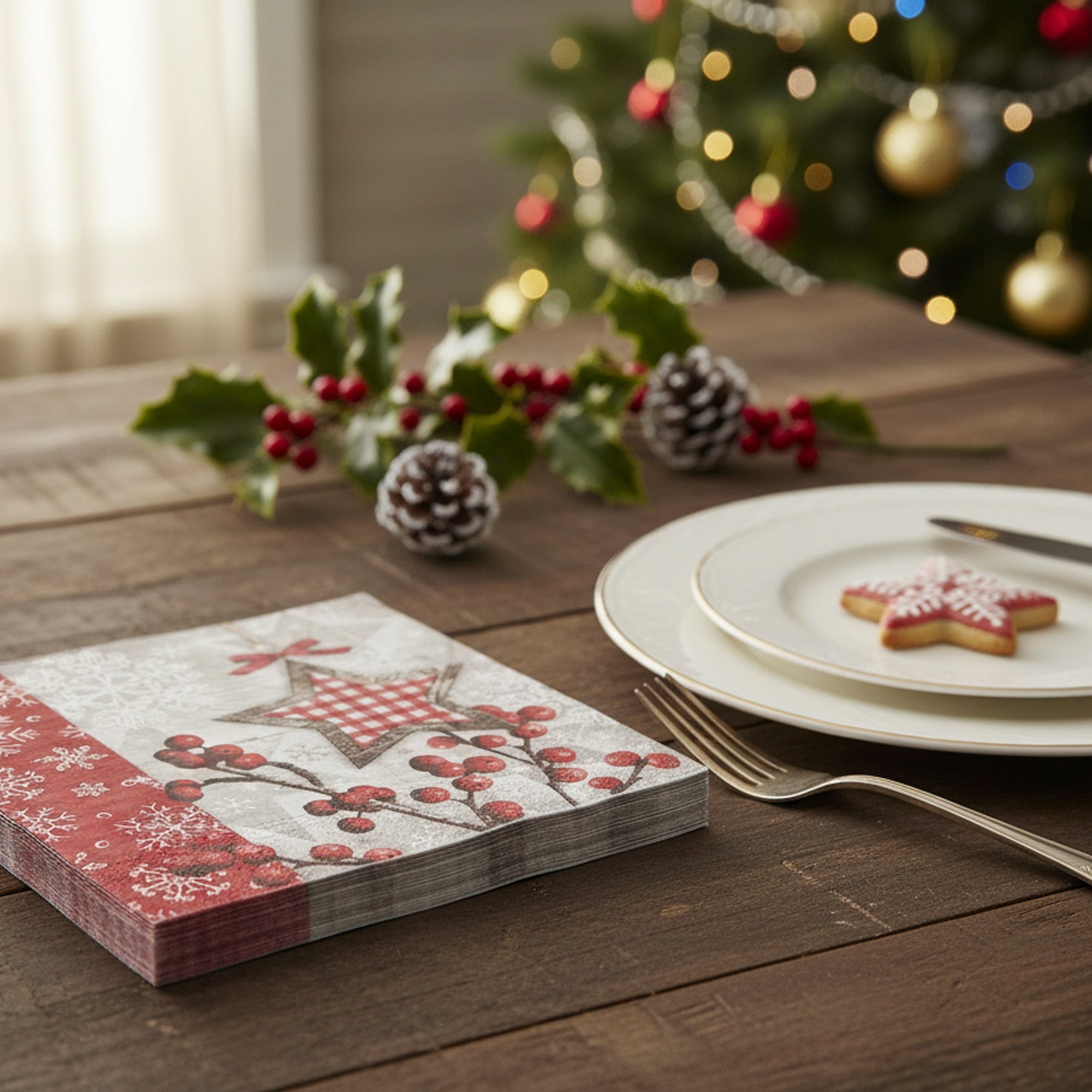 20 Pack Luncheon 3 Ply Napkin Star and Berries, Paper Napkins, Holiday Decor- Set of 6
