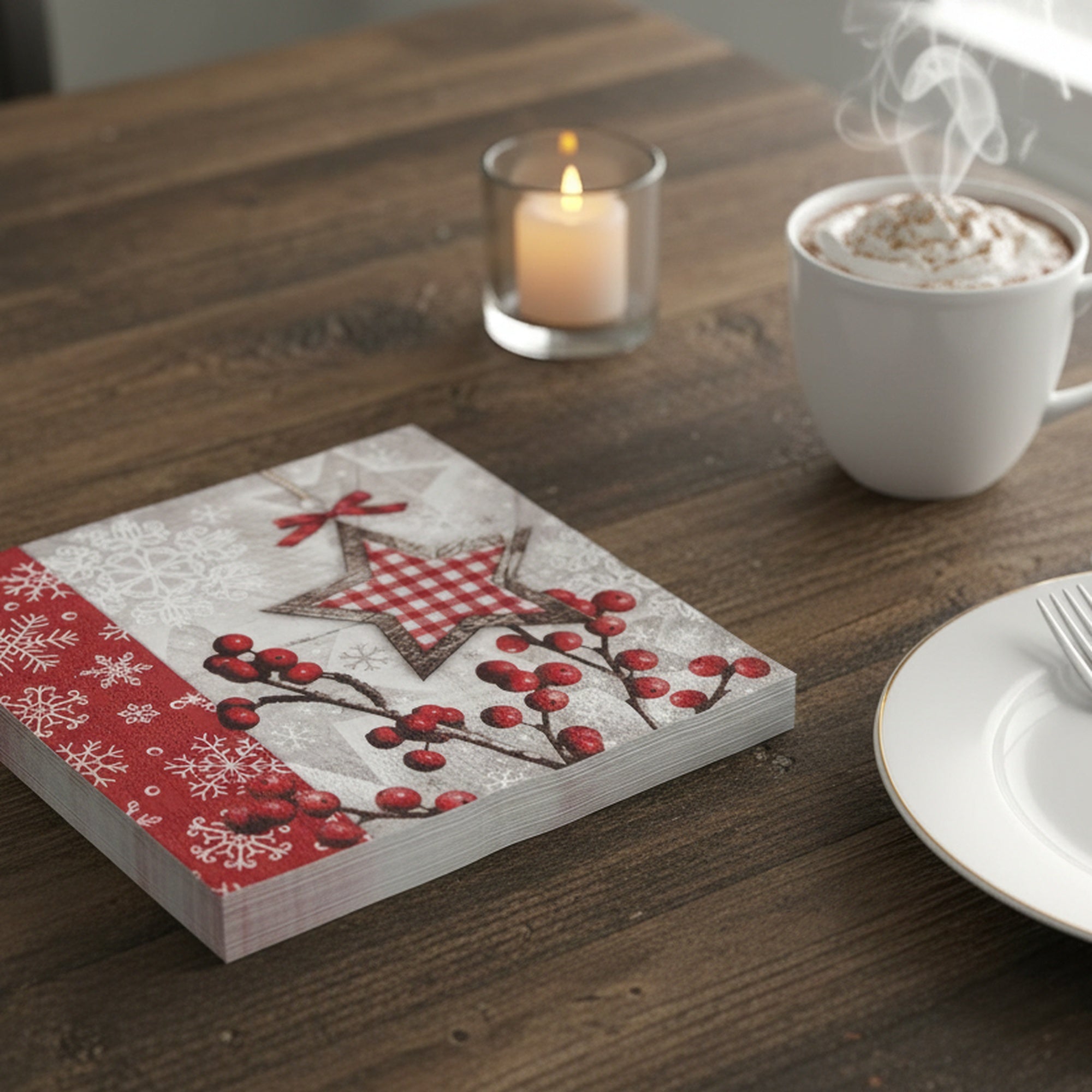 20 Pack Luncheon 3 Ply Napkin Star and Berries, Paper Napkins, Holiday Decor- Set of 6