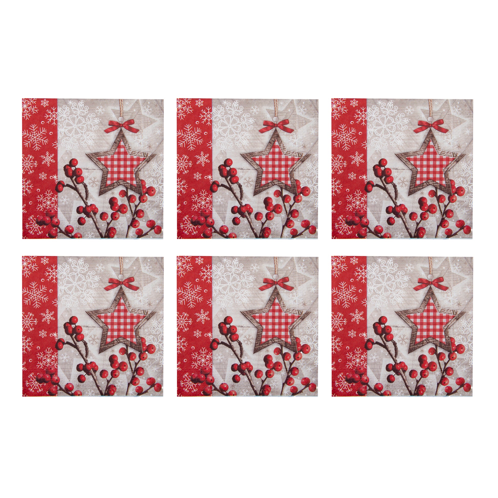 20 Pack Luncheon 3 Ply Napkin Star and Berries, Paper Napkins, Holiday Decor- Set of 6
