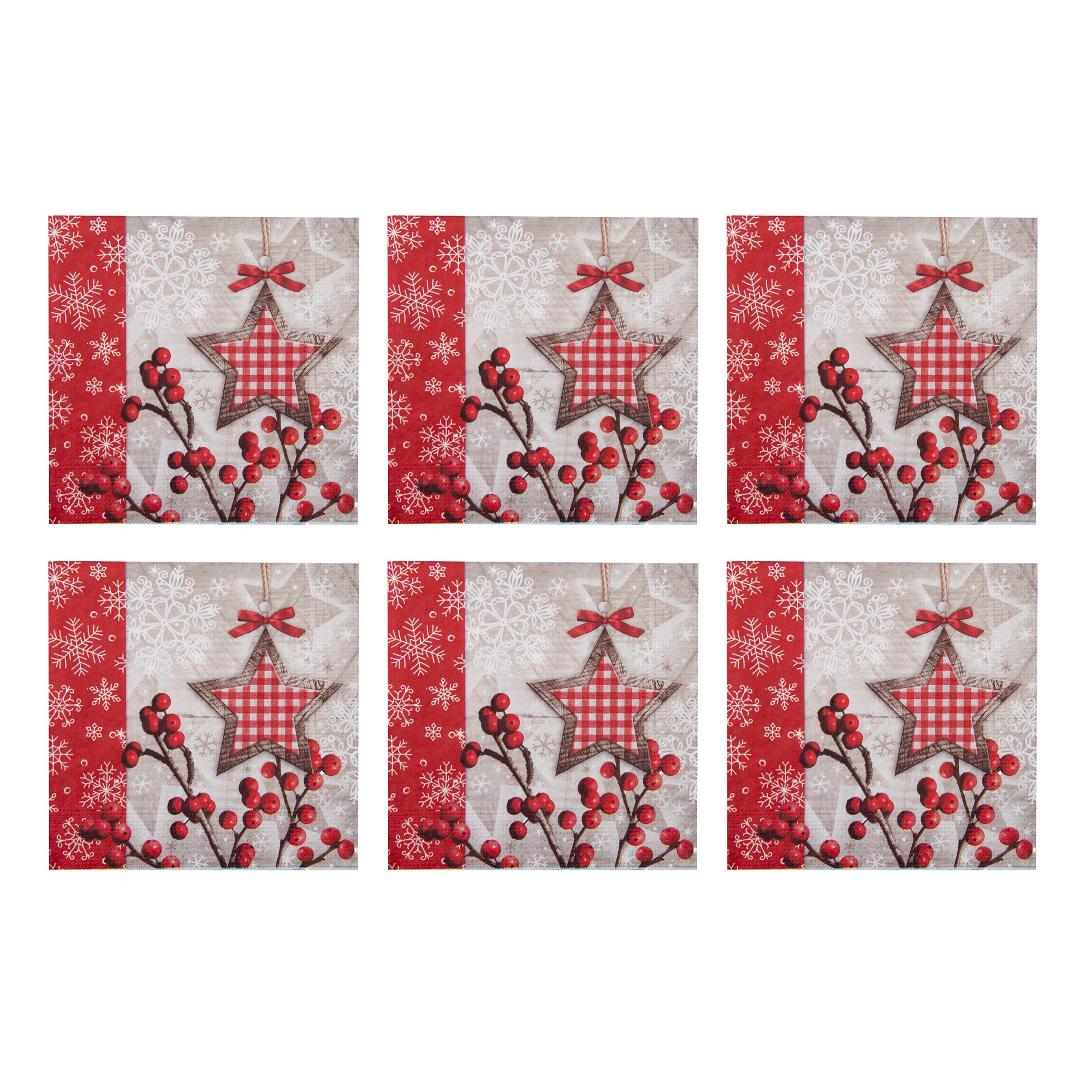 20 Pack Luncheon 3 Ply Napkin Star and Berries, Paper Napkins, Holiday Decor- Set of 6