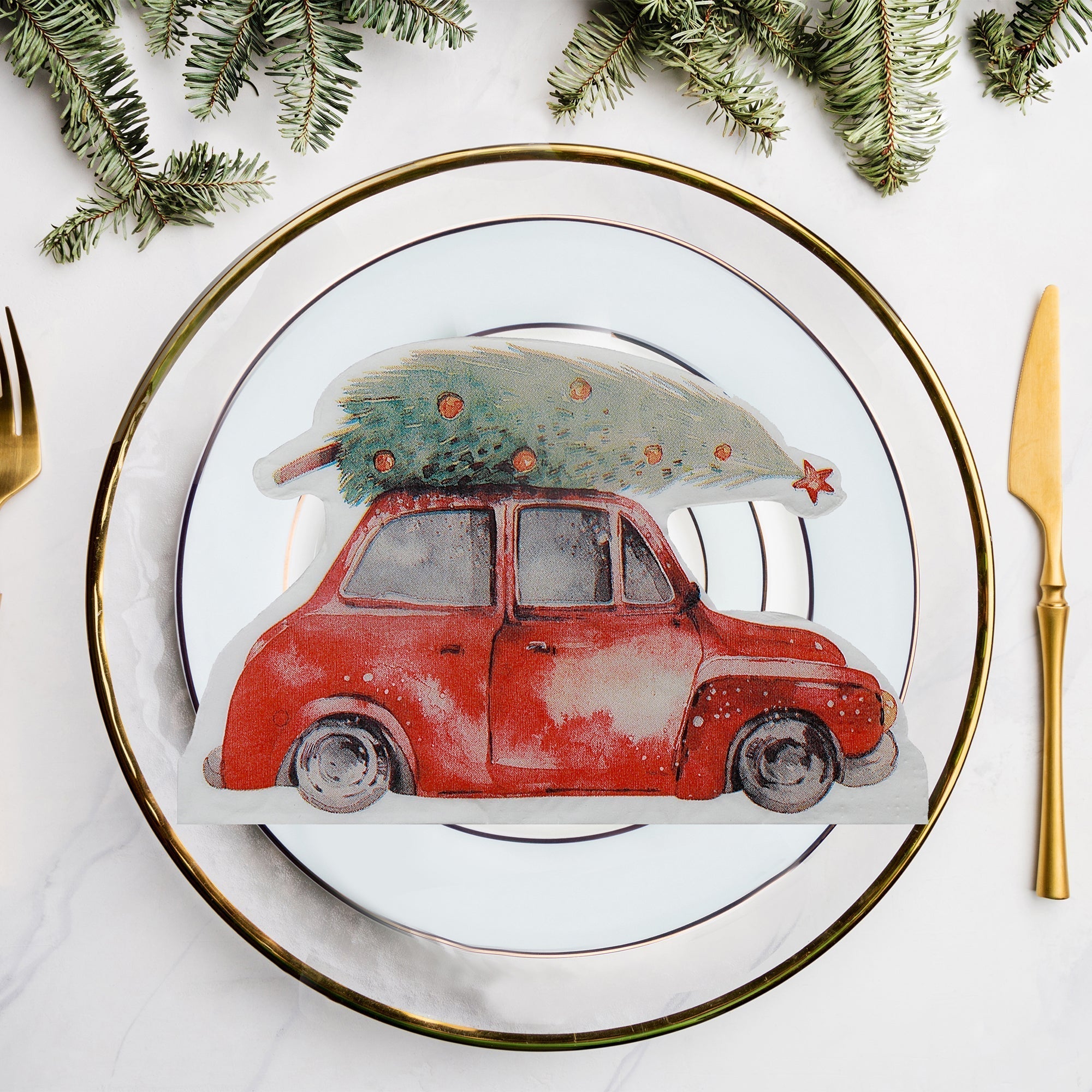 12 Pack 3-Ply Shaped Napkin Tree on Red Car Set of 6 – Christmas Table Decor, Holiday Dining Accent, Festive Napkins