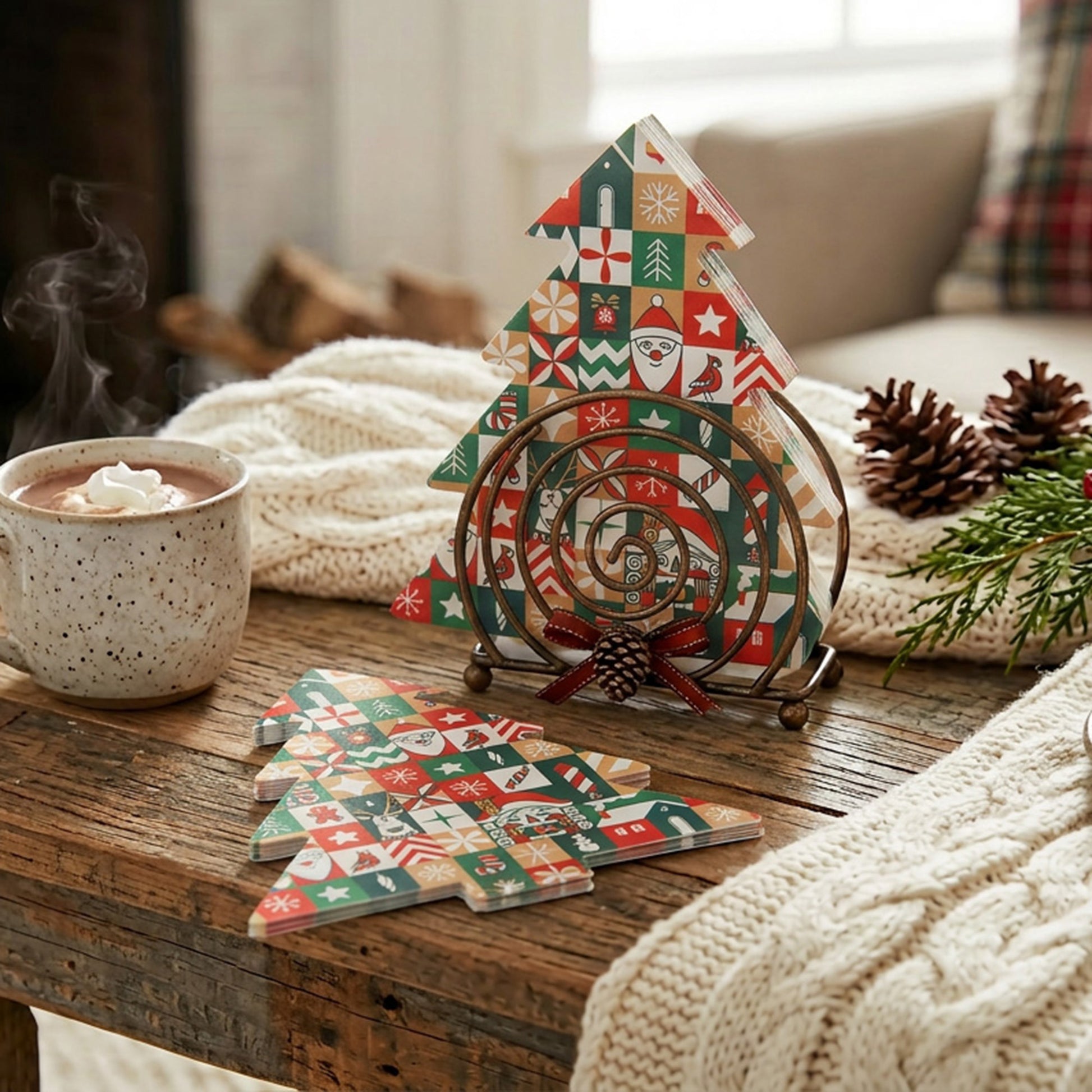 12 Pack 3 Ply Shaped Napkin Checkered Tree, Paper Napkins, Holiday Decor- Set of 6