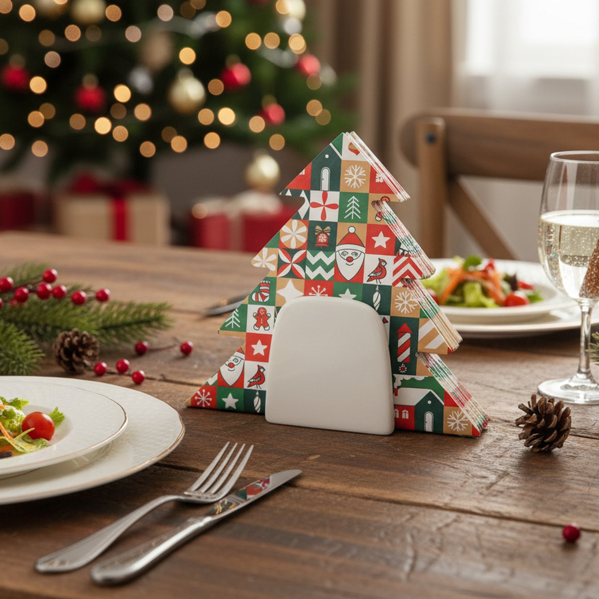 12 Pack 3 Ply Shaped Napkin Checkered Tree, Paper Napkins, Holiday Decor- Set of 6