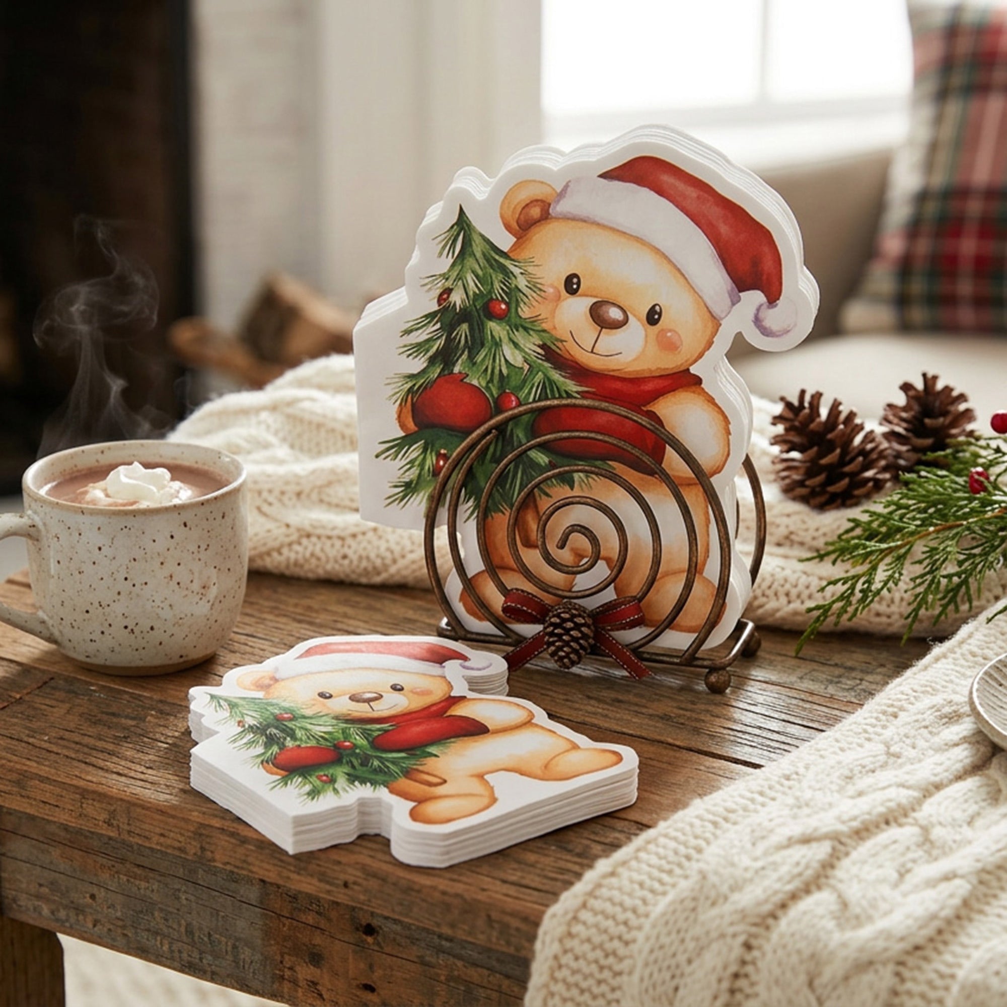 12 Pack 3 Ply Shaped Napkin Bear Holding Tree, Paper Napkins, Holiday Decor- Set of 6