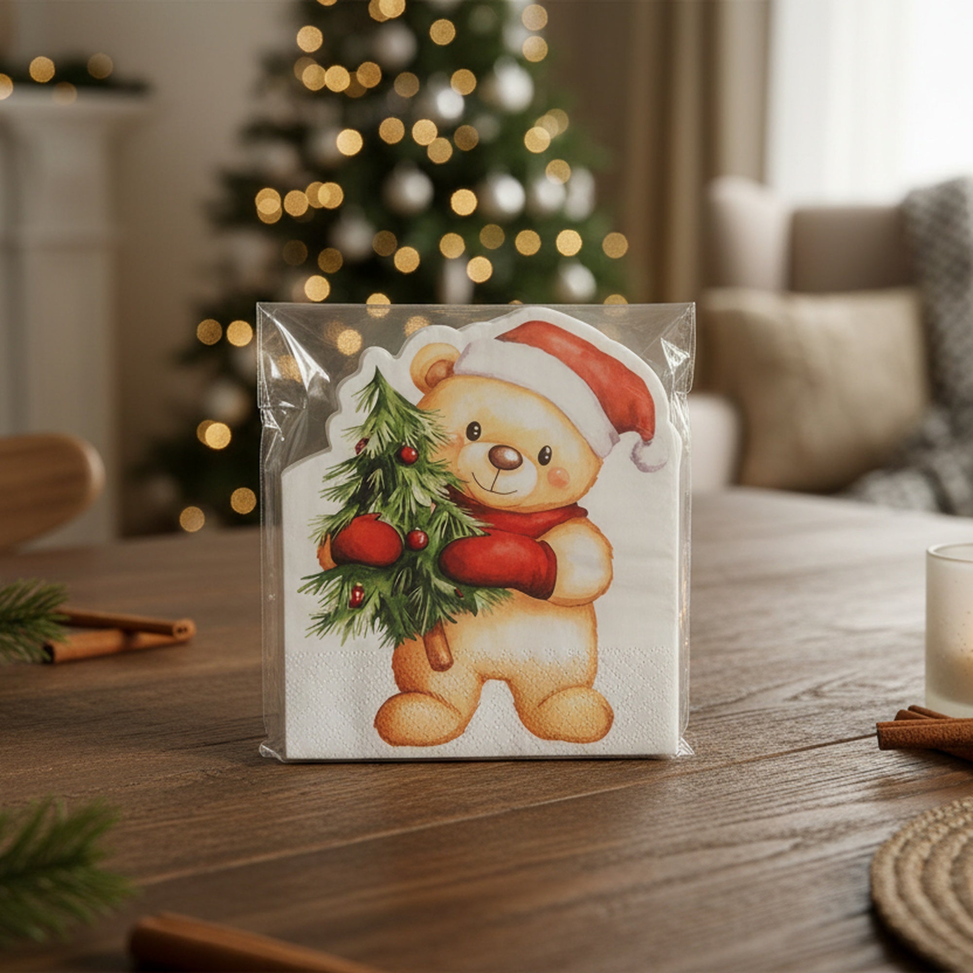 12 Pack 3 Ply Shaped Napkin Bear Holding Tree, Paper Napkins, Holiday Decor- Set of 6