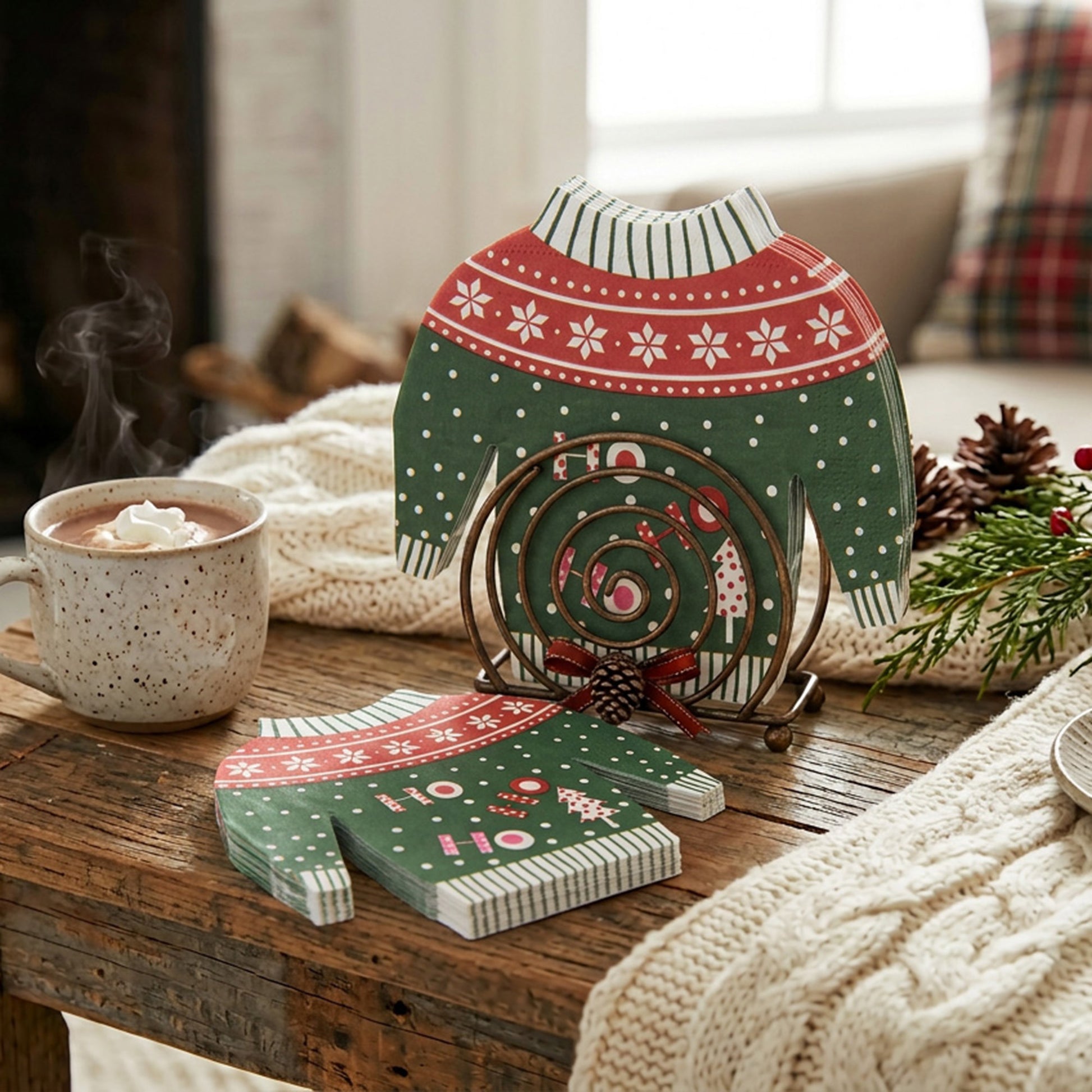 12 Pack 3 Ply Shaped Napkin Green Ho Ho Ho Sweater, Paper Napkins, Holiday Decor- Set of 6