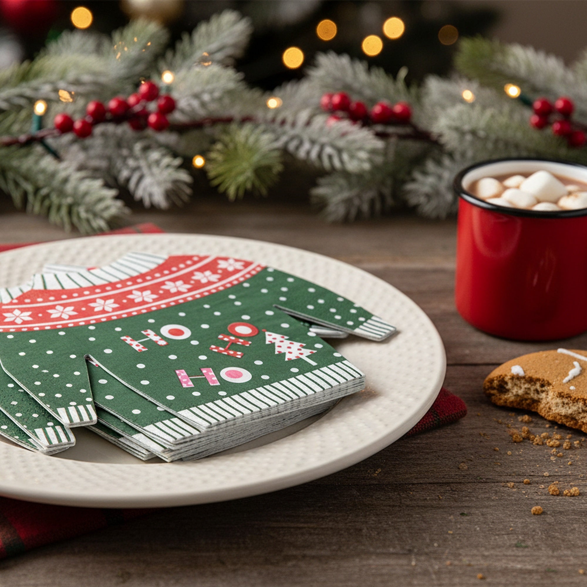 12 Pack 3 Ply Shaped Napkin Green Ho Ho Ho Sweater, Paper Napkins, Holiday Decor- Set of 6