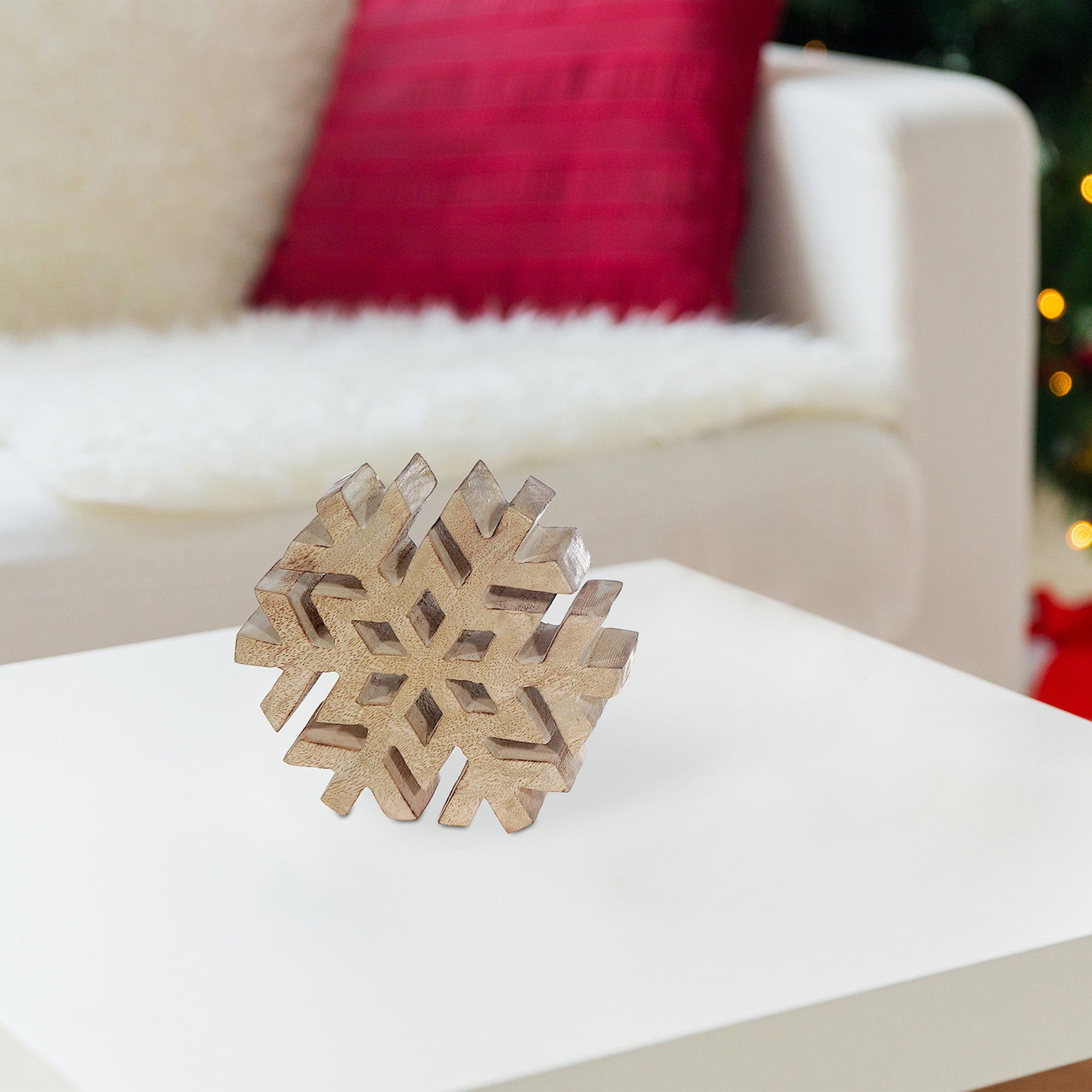 Wood Carved Snowflake Decor Set of 2 – Christmas Tabletop Decoration, Holiday Accent, Festive Winter Home Decoration