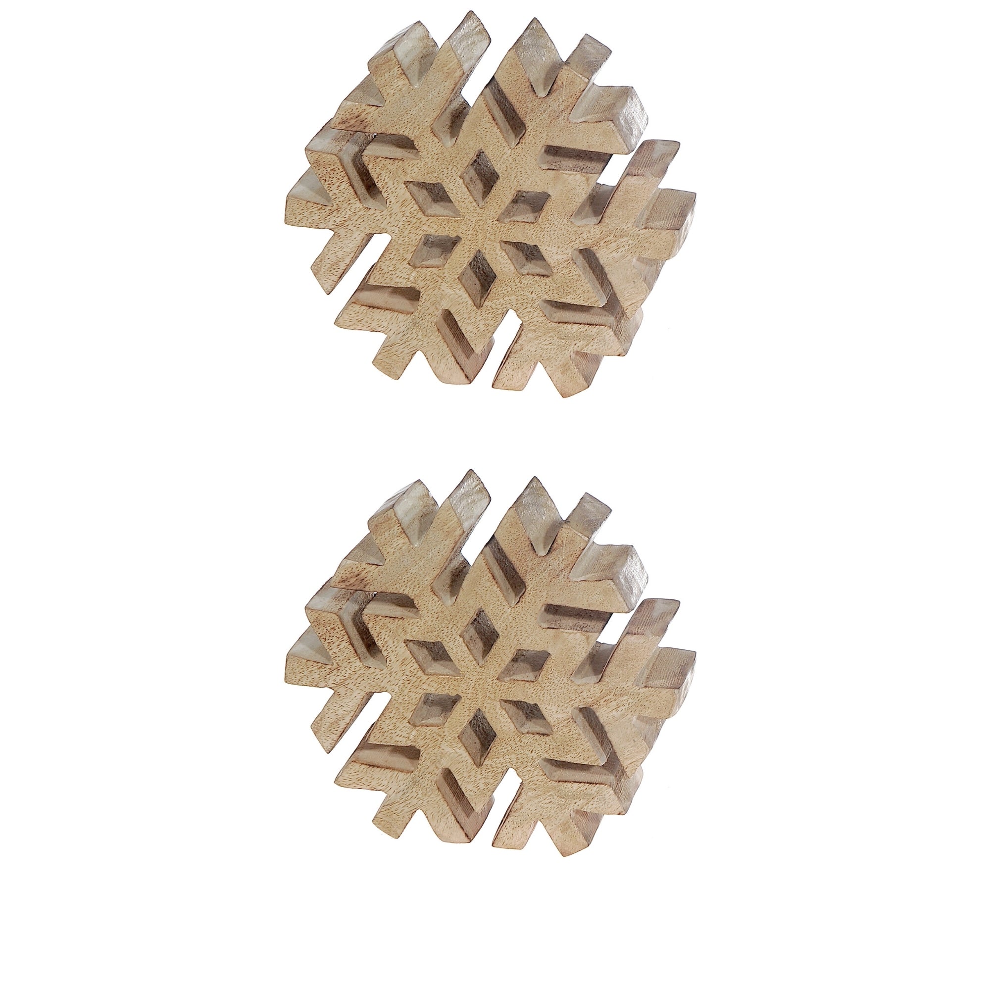Wood Carved Snowflake Decor Set of 2 – Christmas Tabletop Decoration, Holiday Accent, Festive Winter Home Decoration