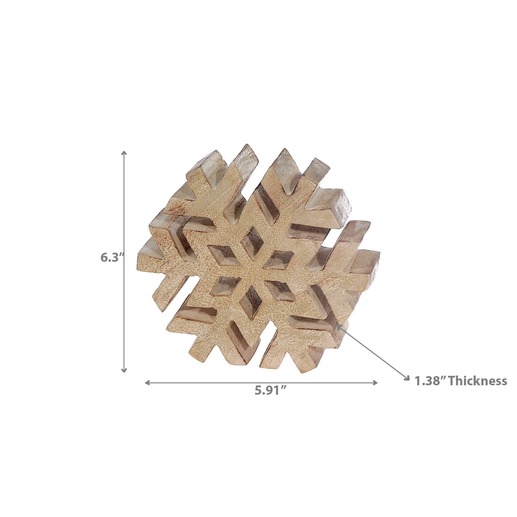 Wood Carved Snowflake Decor Set of 2 – Christmas Tabletop Decoration, Holiday Accent, Festive Winter Home Decoration