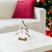 Wood Carved Frosted Tree with Tie Large – Christmas Tabletop Decoration, Holiday Accent, Festive Winter Home Decor