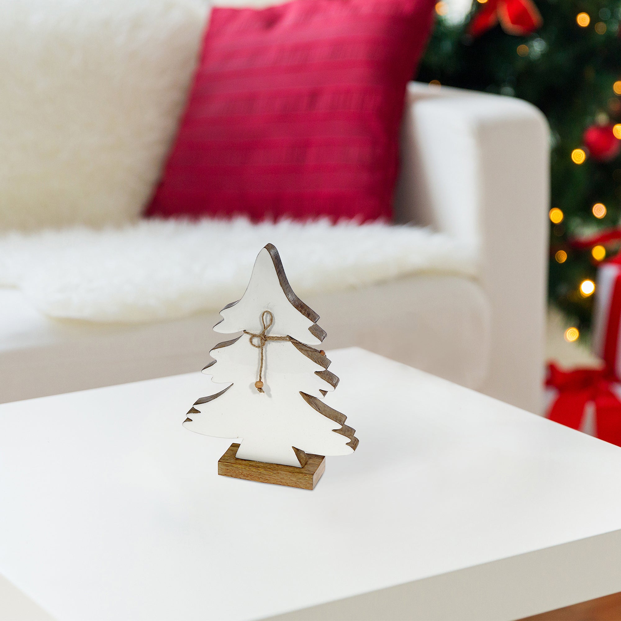 Wood Carved Frosted Tree with Tie Large – Christmas Tabletop Decoration, Holiday Accent, Festive Winter Home Decor