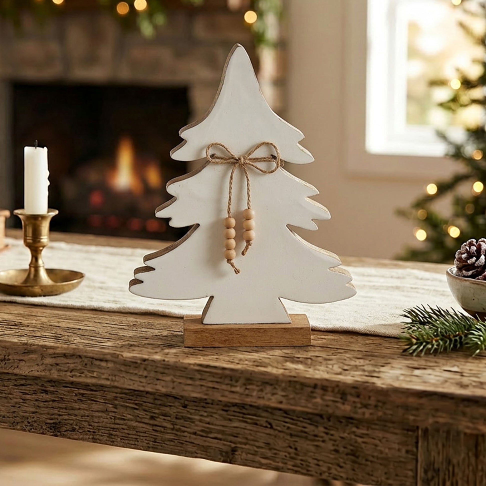 Wood Carved Frosted Tree with Tie Large, Christmas, Holiday Decor