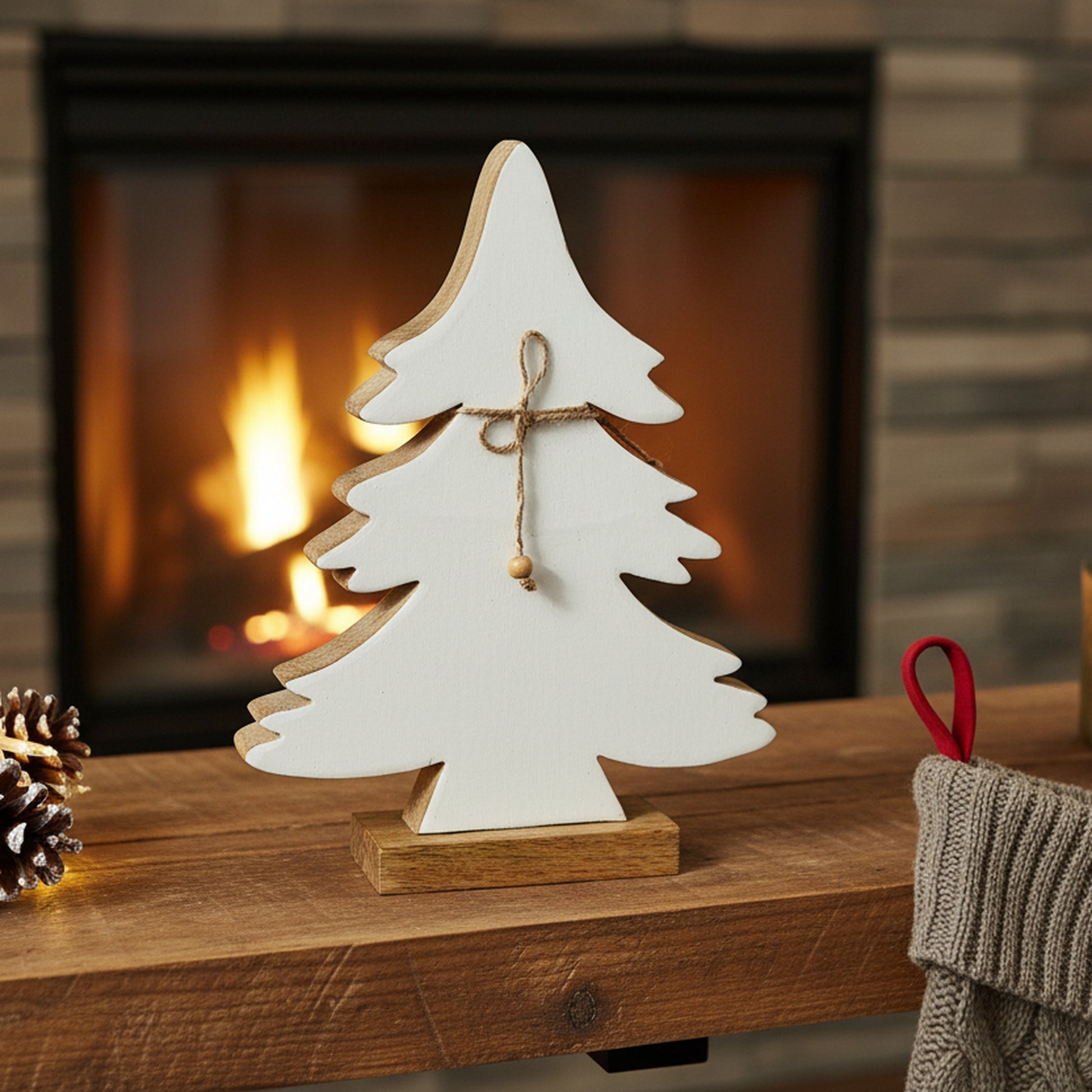 Wood Carved Frosted Tree with Tie Large, Christmas, Holiday Decor