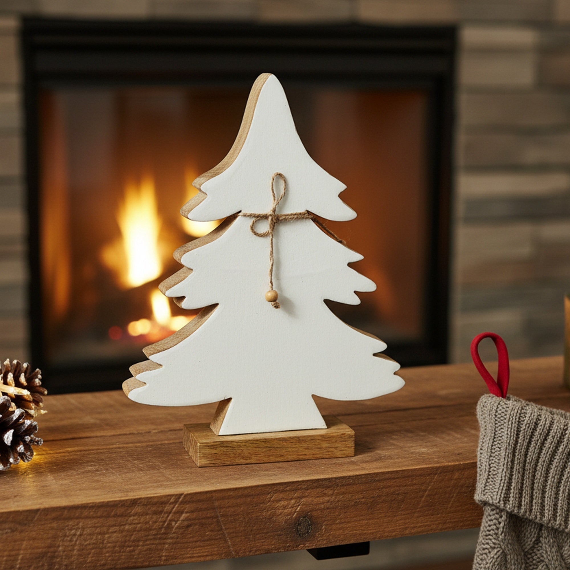 Wood Carved Frosted Tree with Tie Large, Christmas, Holiday Decor