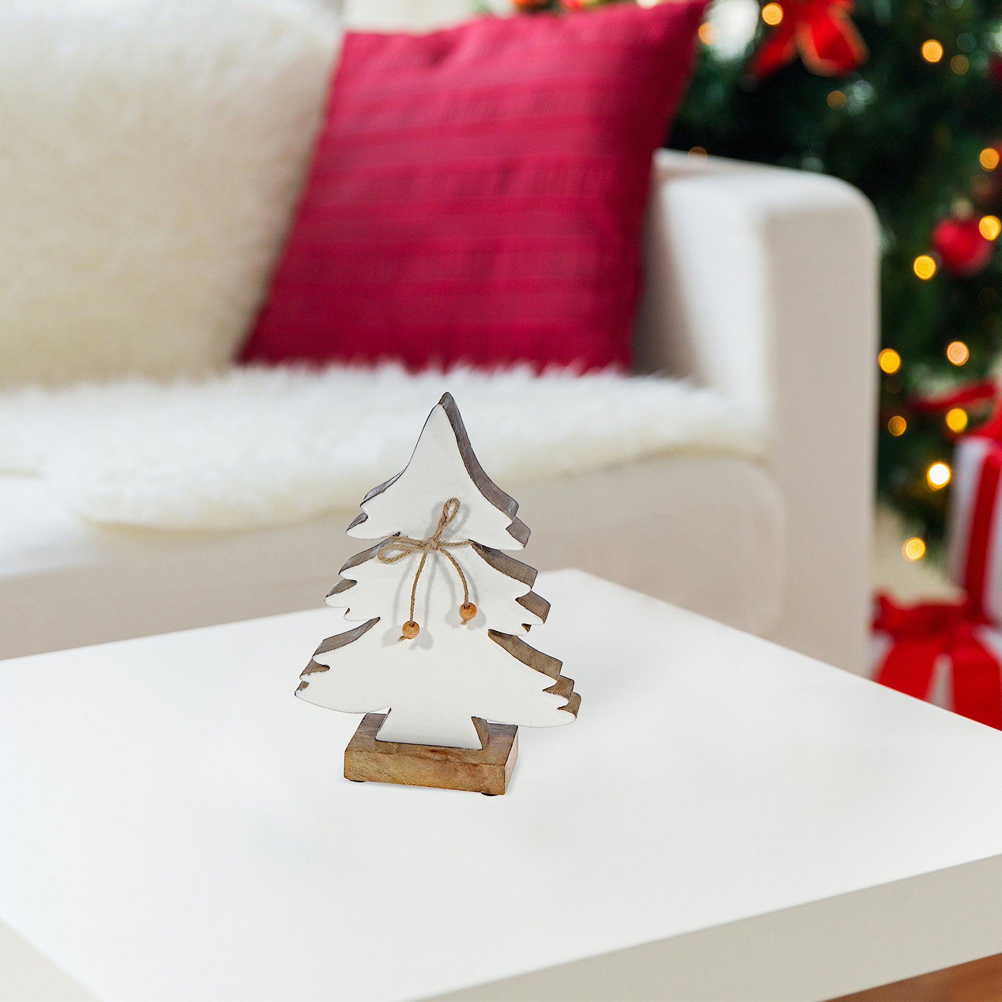 Wood Carved Frosted Tree with Tie Small – Christmas Tabletop Decoration, Holiday Accent, Festive Winter Home Decor