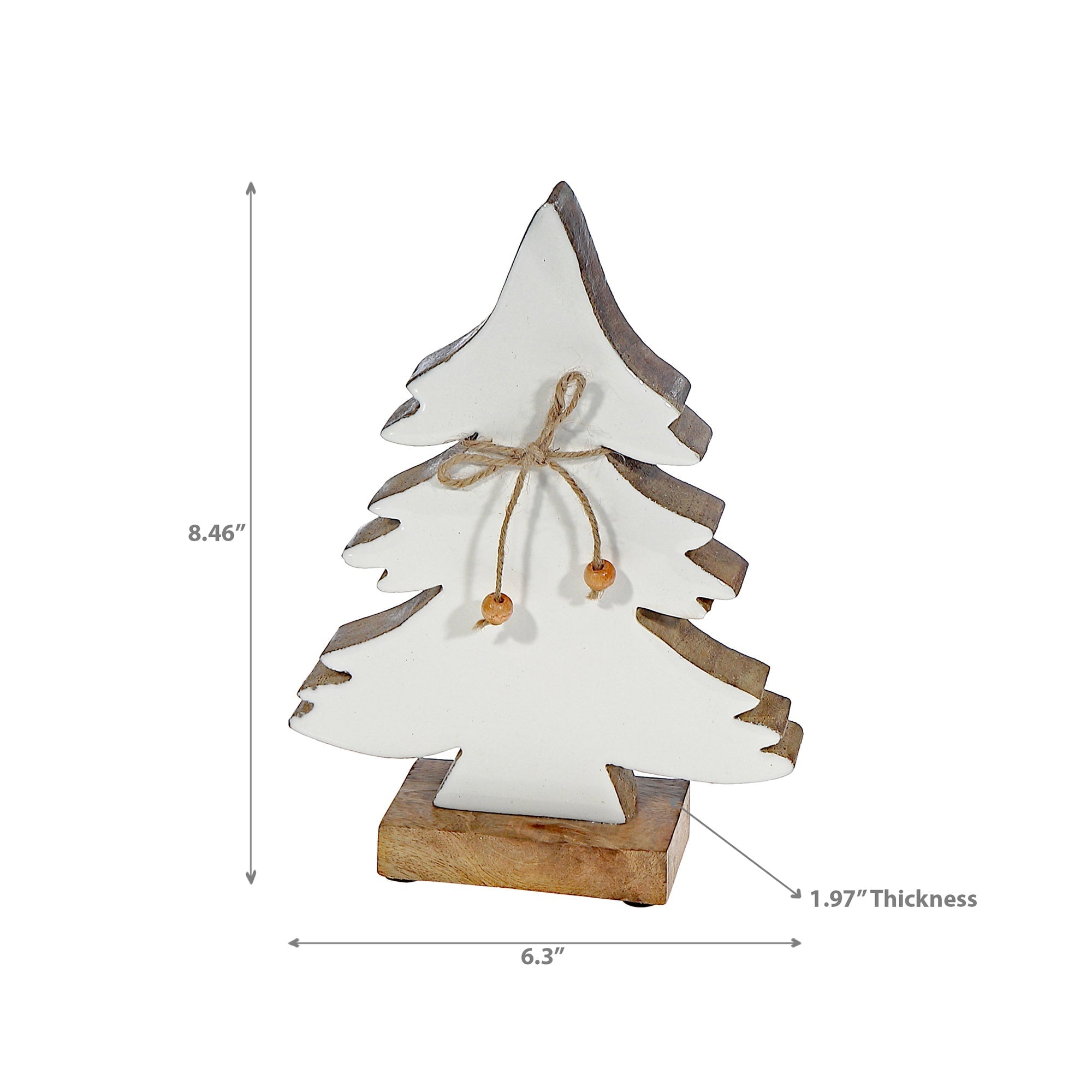 Wood Carved Frosted Tree with Tie Small – Christmas Tabletop Decoration, Holiday Accent, Festive Winter Home Decor