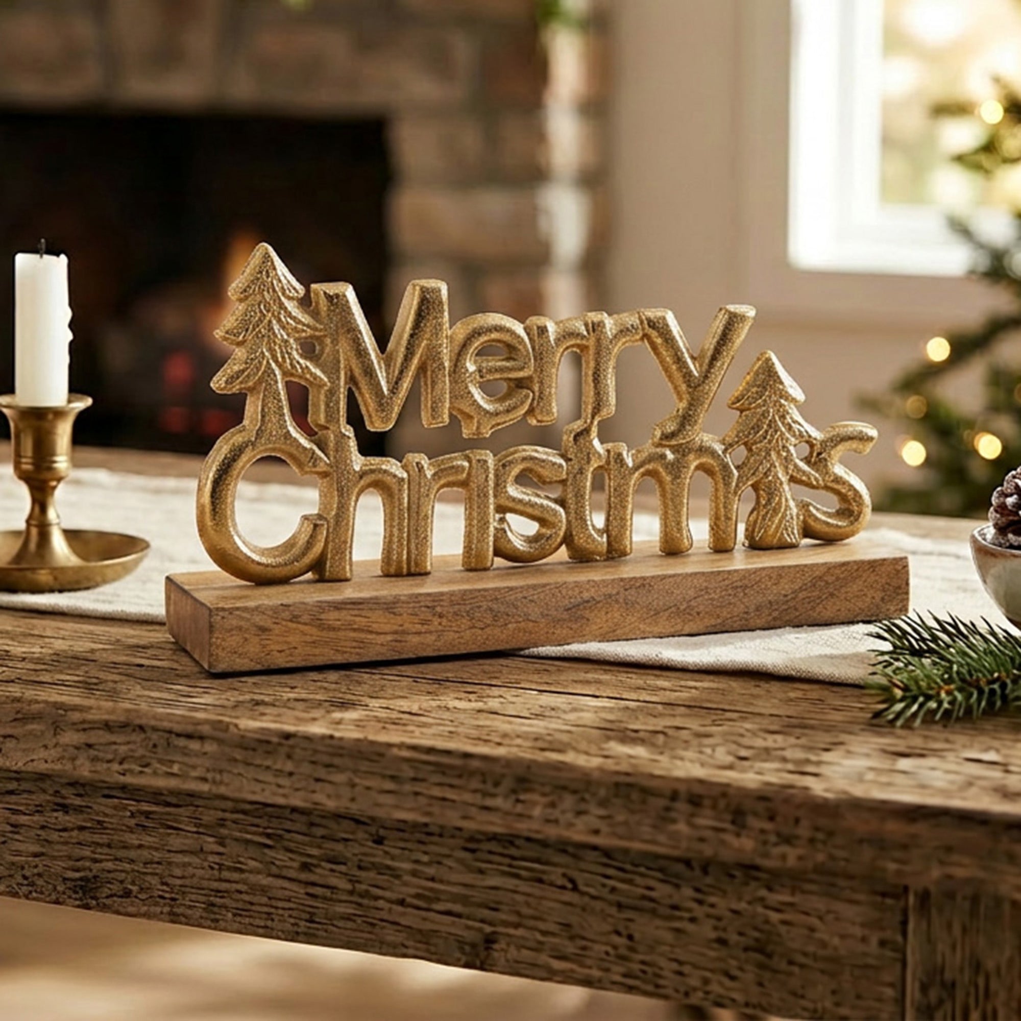 Metal Merry Christmas Tree Tabletop Gold, Christmas, Holiday Decor