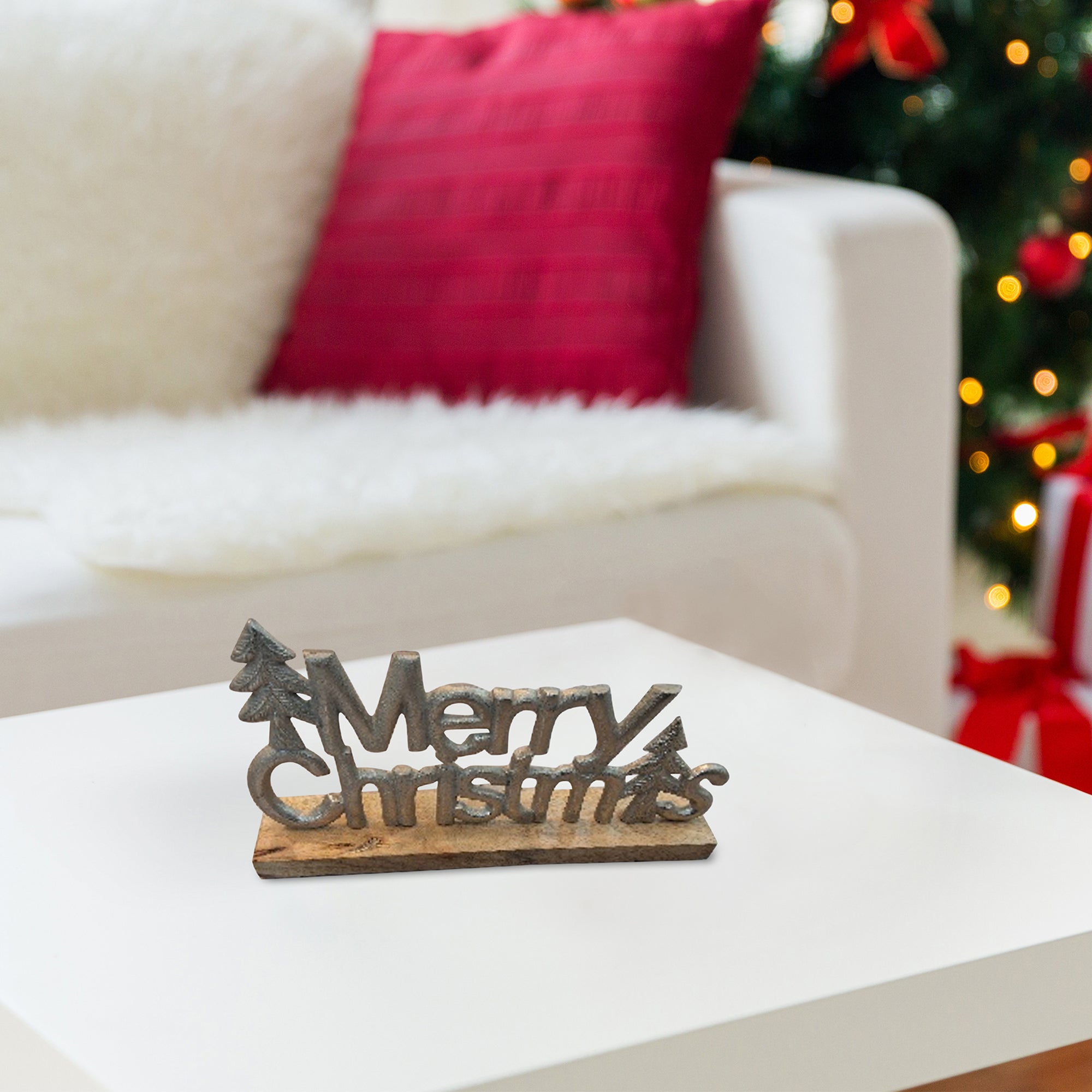 Metal Merry Christmas Tree Tabletop Decor Silver – Holiday Decoration, Festive Christmas Accent, Winter Home Decor