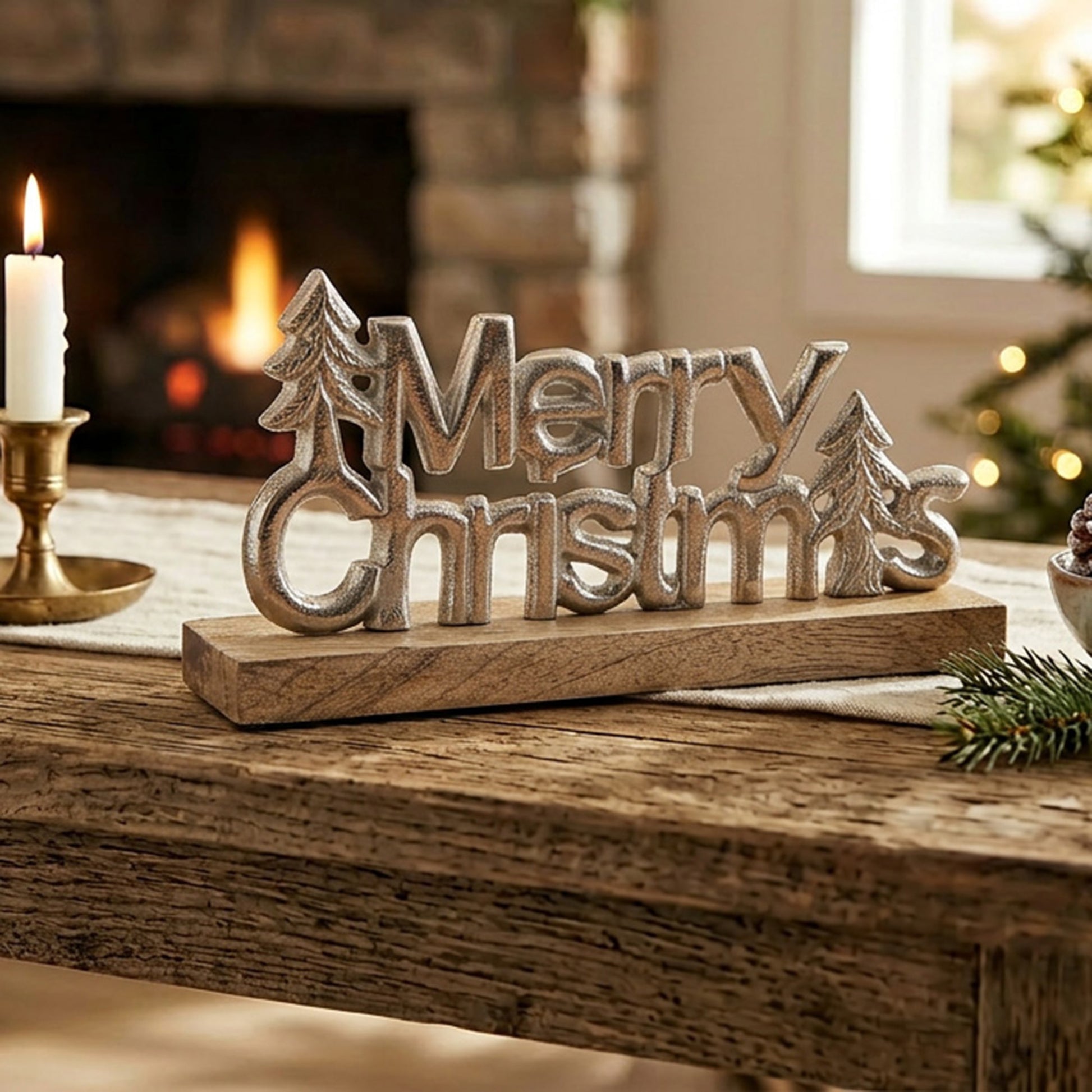 Metal Merry Christmas Tree Tabletop Silver, Christmas, Holiday Decor