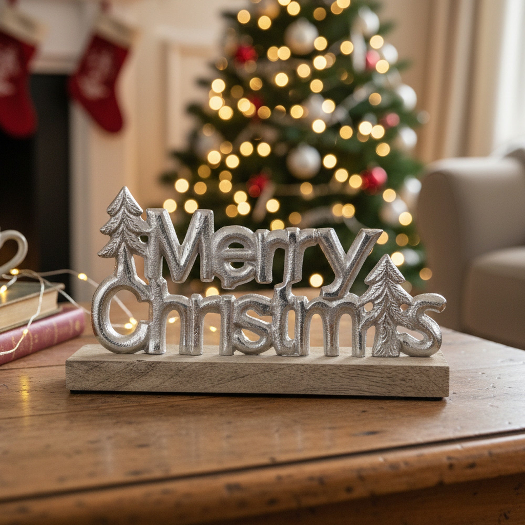 Metal Merry Christmas Tree Tabletop Silver, Christmas, Holiday Decor