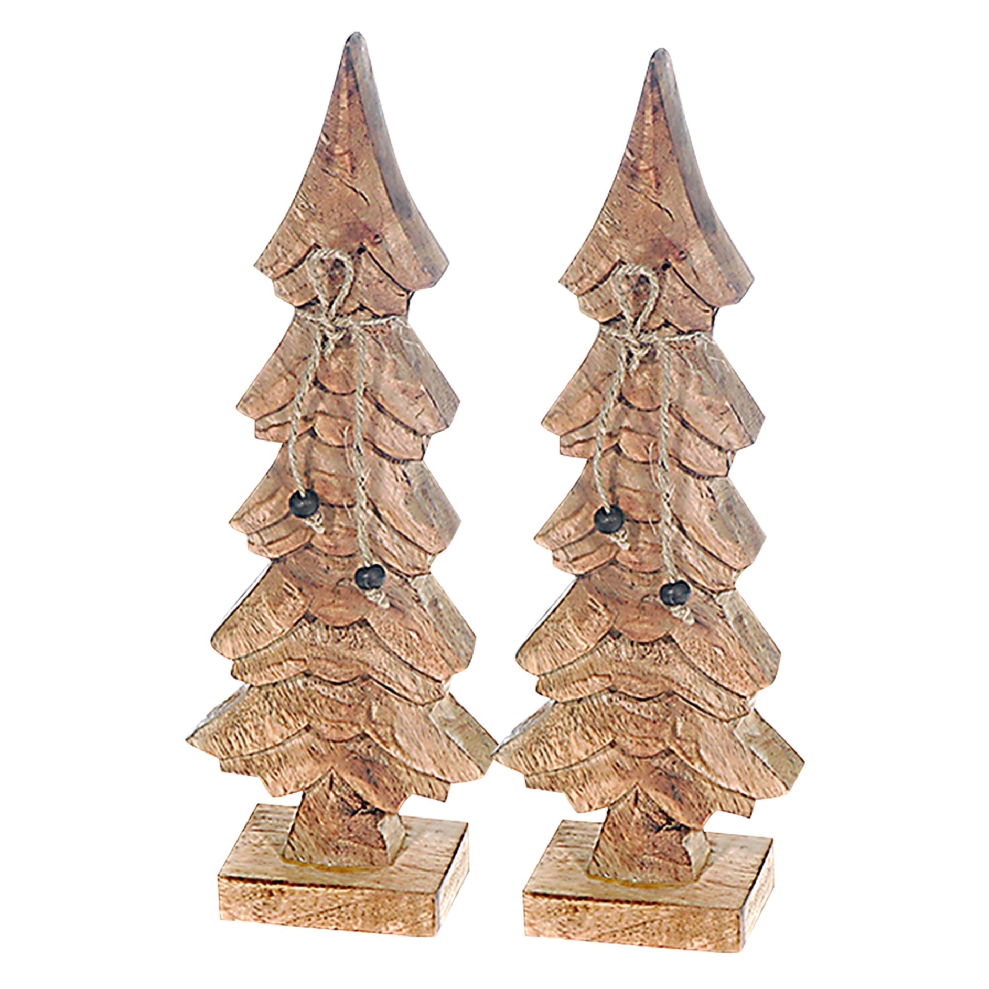 Wood Carved Pine Tree Decor Set of 2 – Christmas Tabletop Decoration, Holiday Accent, Festive Winter Home Decor