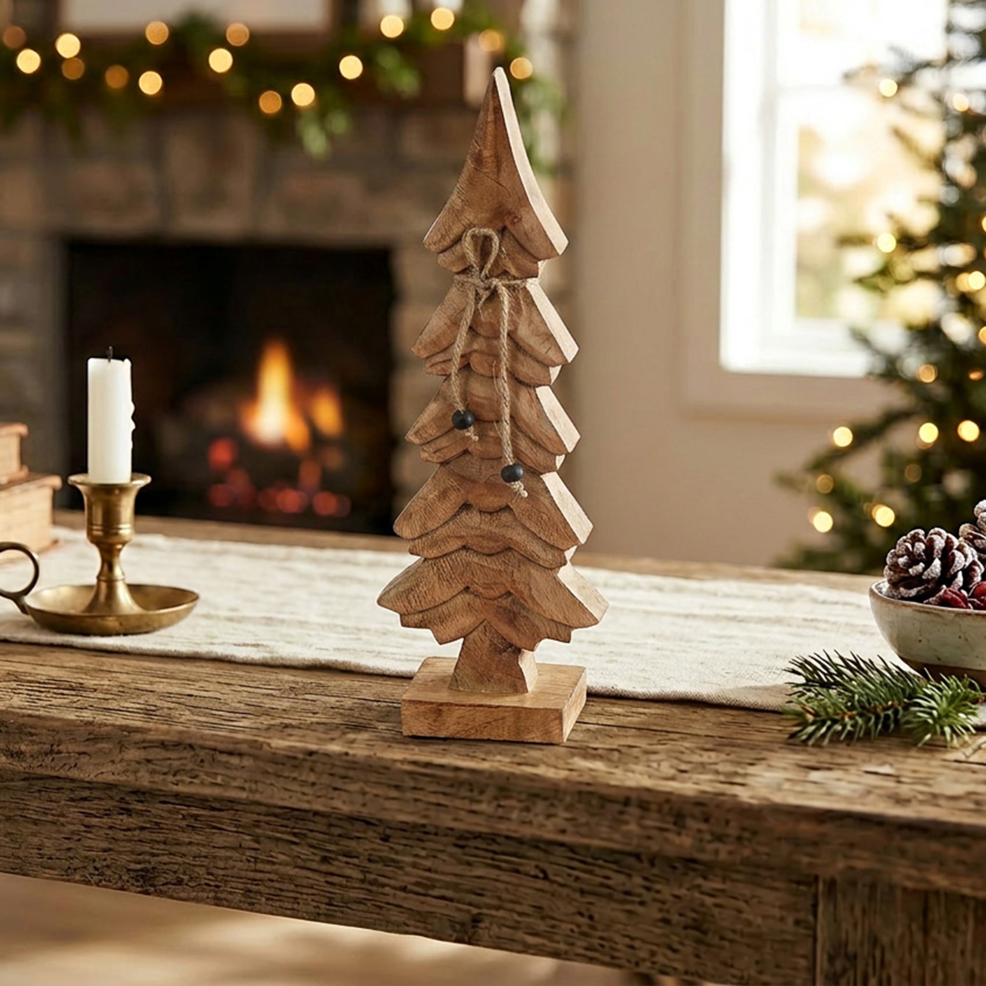 Wood Carved Pine Tree Decor, Holiday Decor