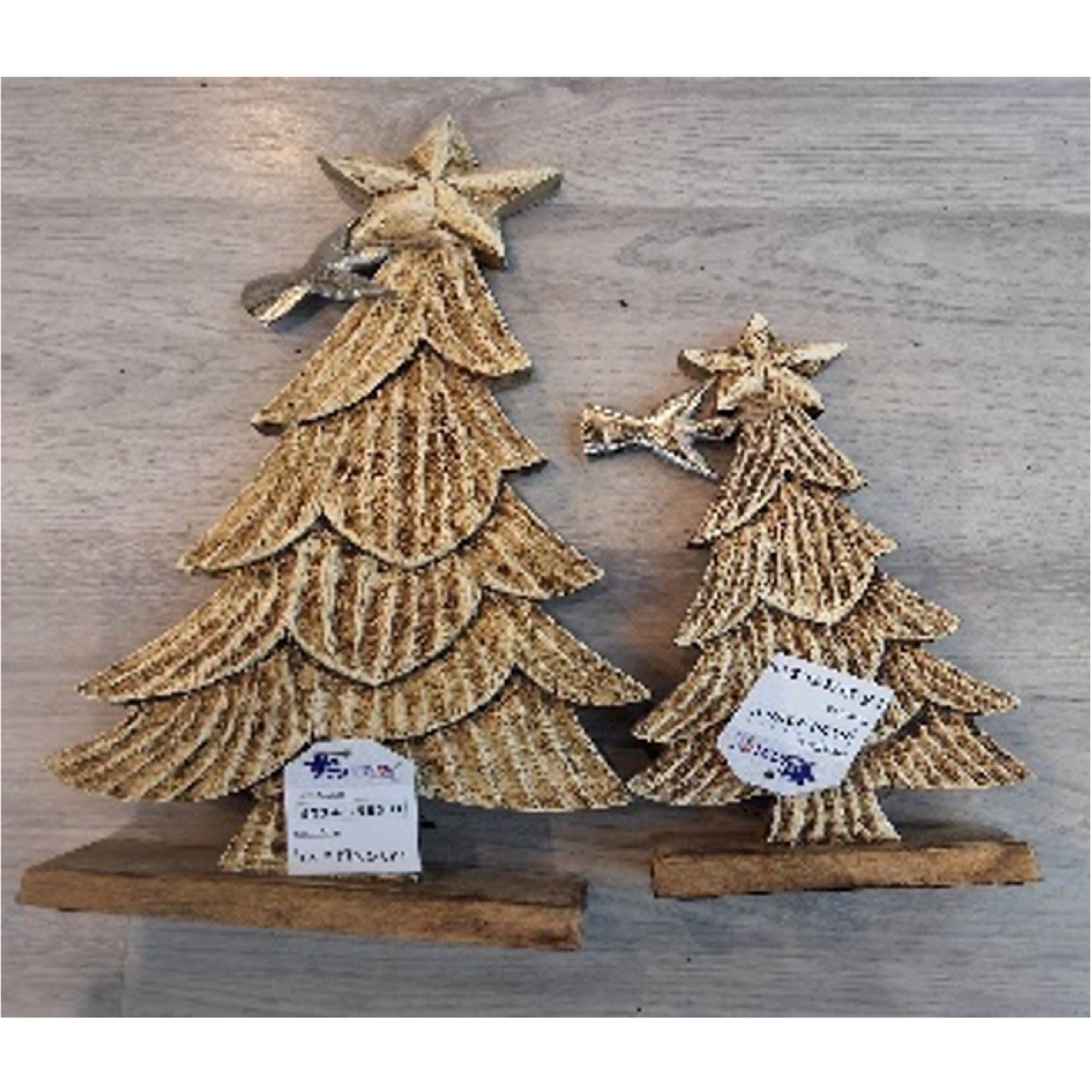 Wood Carved Tree with Star Top Set of 2 – Christmas Tabletop Decoration, Holiday Figurines, Festive Winter Home Accent