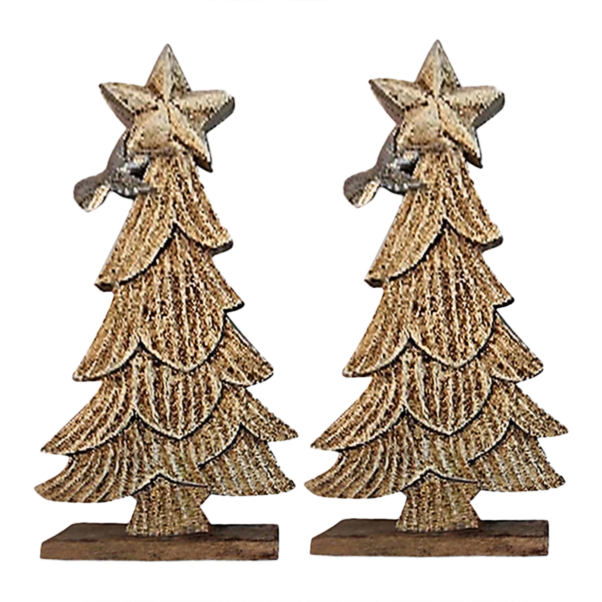 Wood Carved Tree with Star Top Set of 2 – Christmas Tabletop Decoration, Holiday Figurines, Festive Winter Home Accent