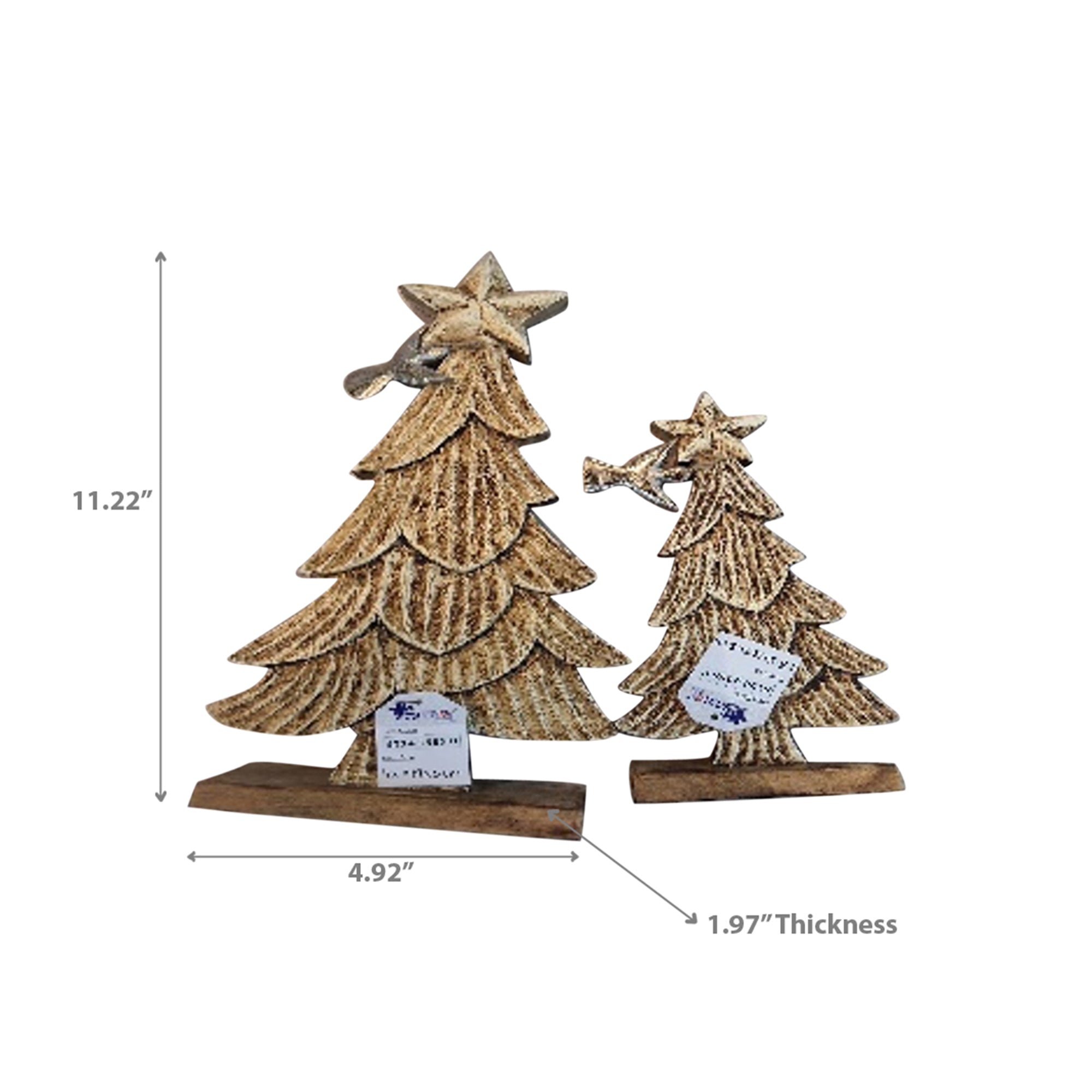 Wood Carved Tree with Star Top Set of 2 – Christmas Tabletop Decoration, Holiday Figurines, Festive Winter Home Accent