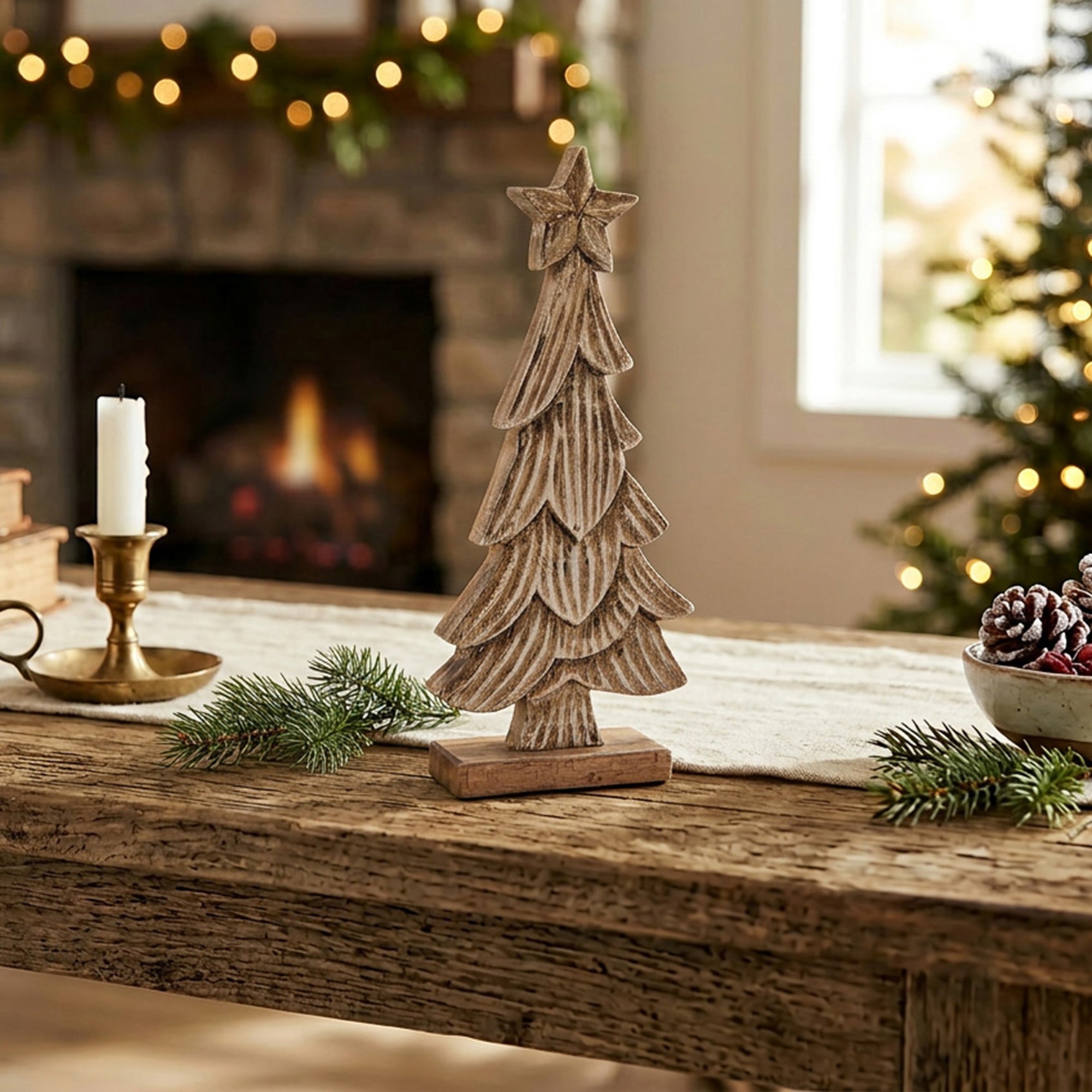Wood Carved Tree with Star Top, Christmas, Holiday Decor