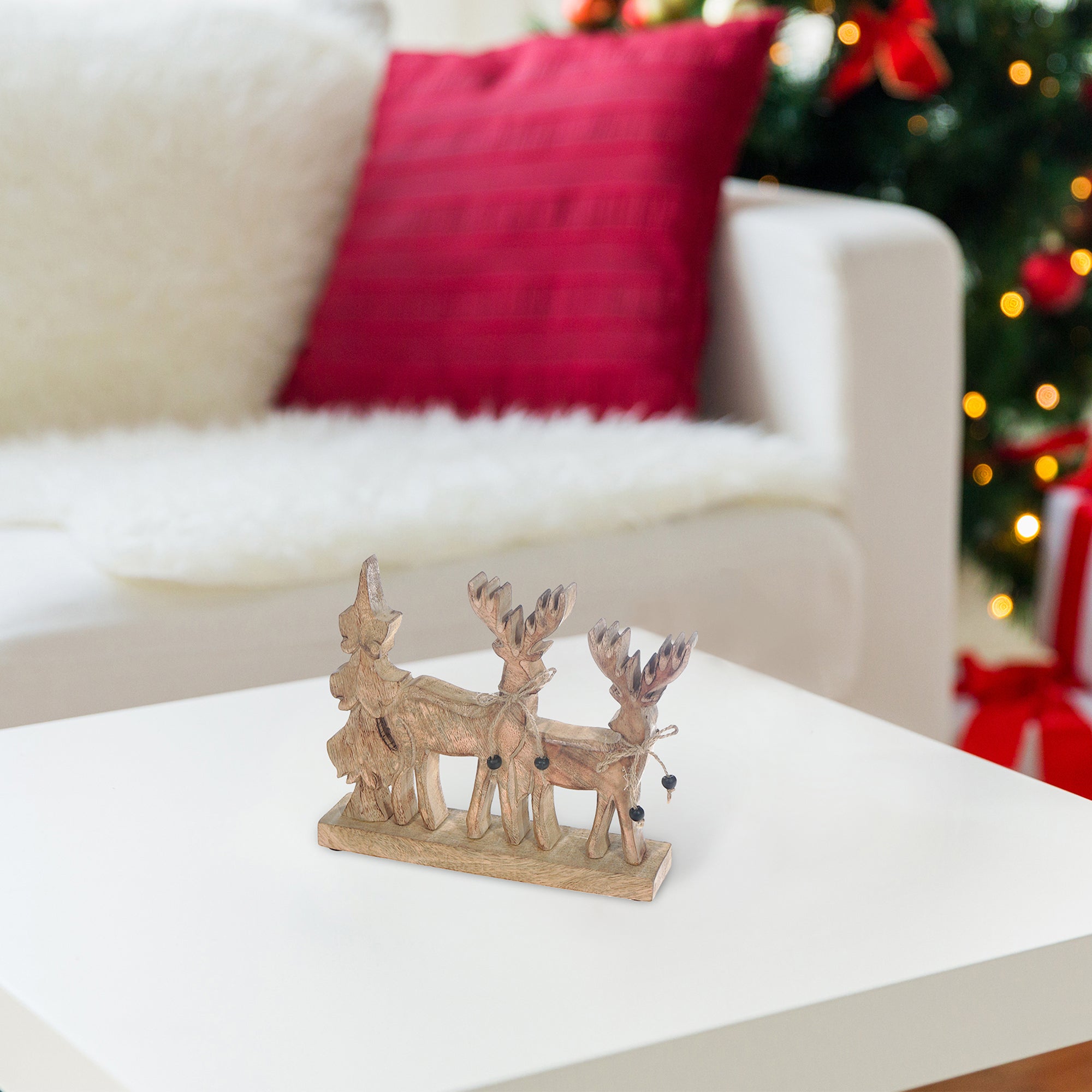 Wood Carved Reindeer with Tree Decor Small – Christmas Tabletop Decoration, Holiday Figurine, Festive Winter Accent