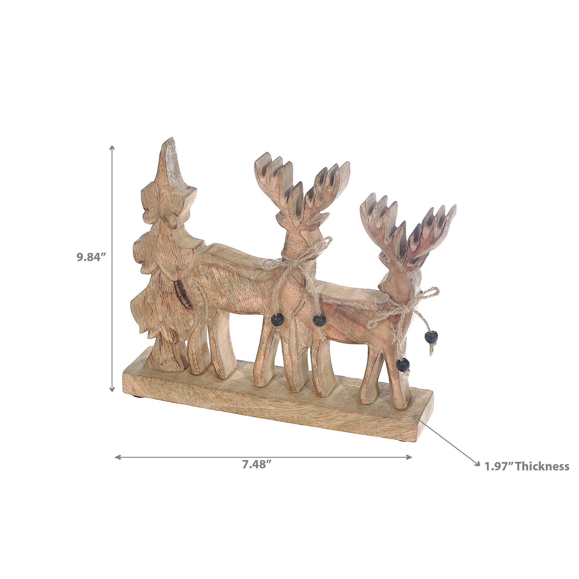 Wood Carved Reindeer with Tree Decor Small – Christmas Tabletop Decoration, Holiday Figurine, Festive Winter Accent