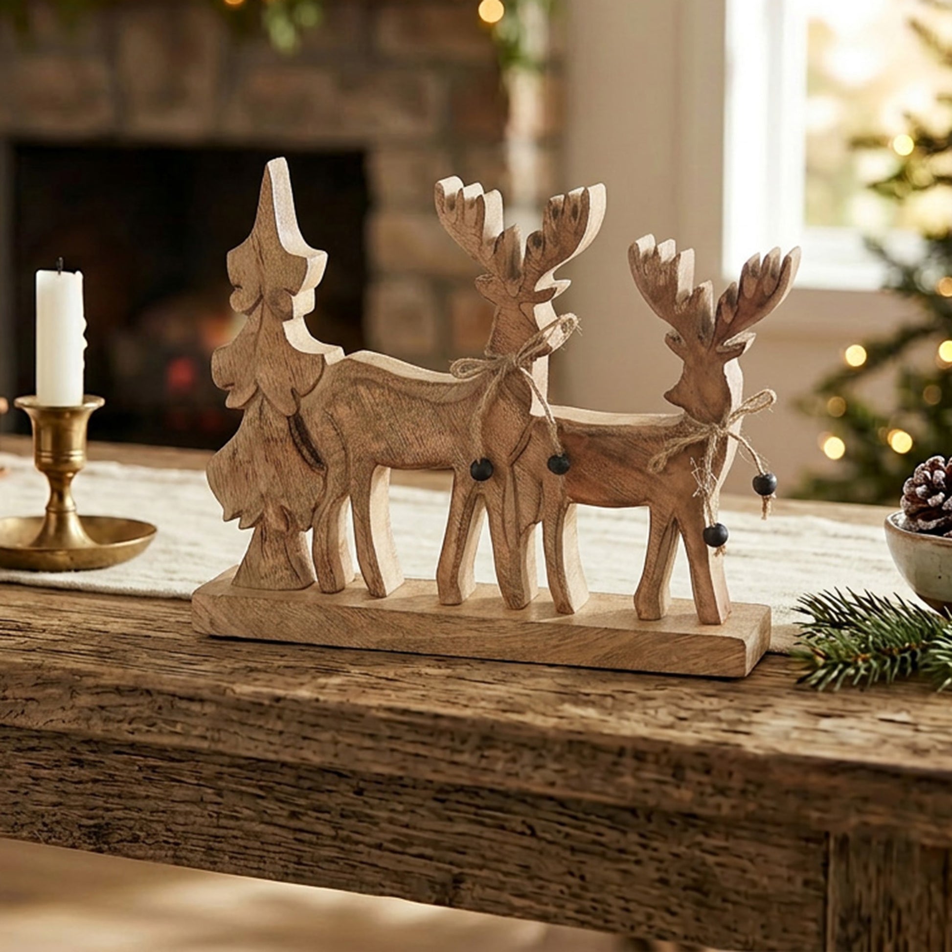 Wood Carved Reindeer with Tree Decor Small, Christmas, Holiday Decor